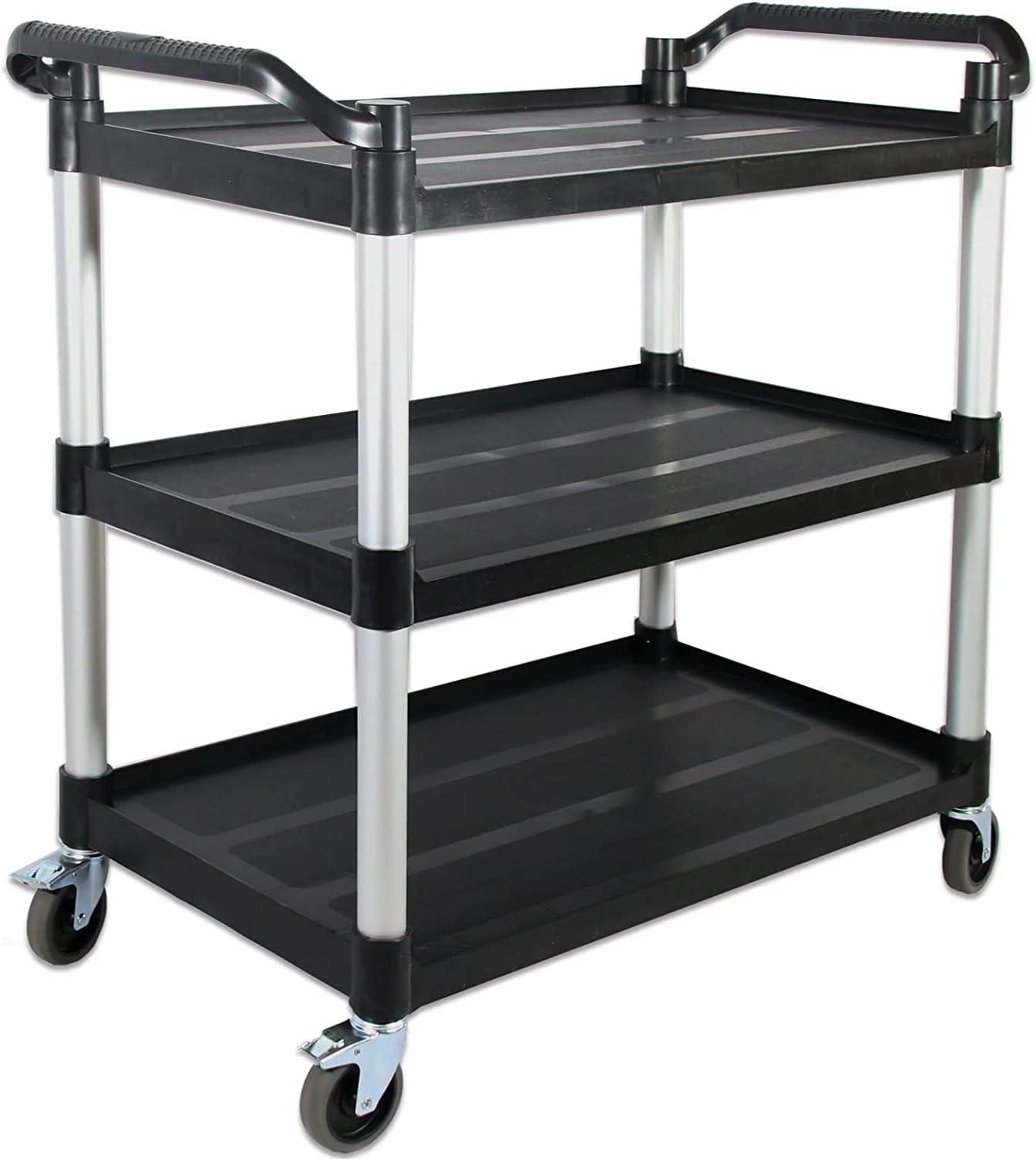 Large Black Plastic and Aluminum 3-Tier Utility Cart with Swivel Wheels