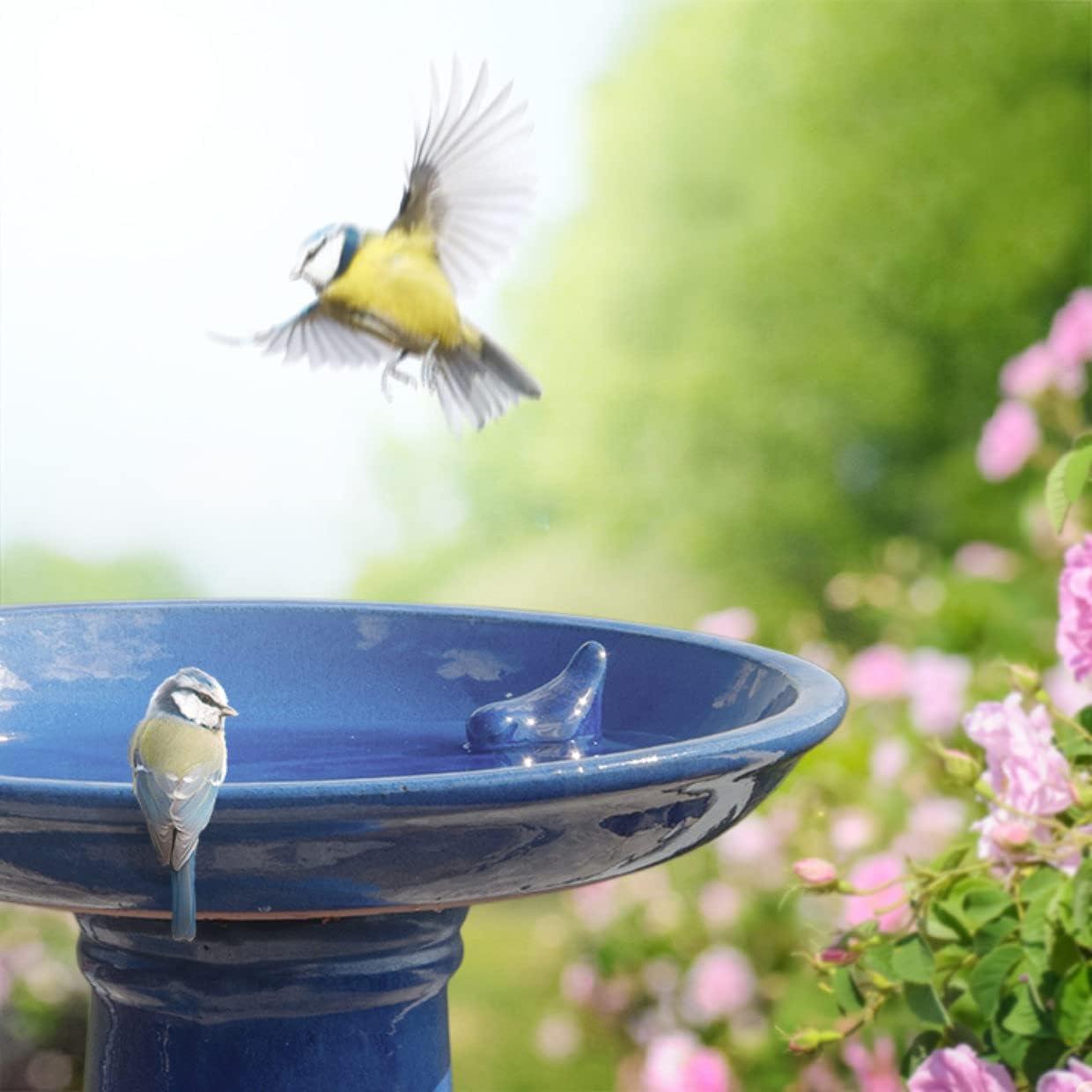 Teal Blue Ceramic Pedestal Birdbath with Bird Figurine