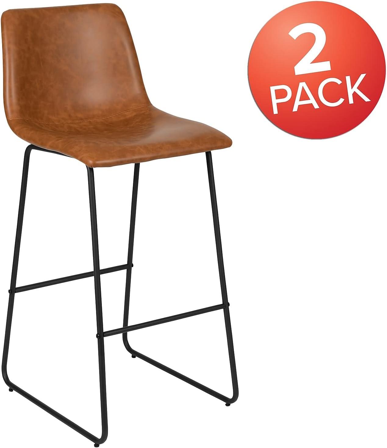 Reagan Light Brown Faux Leather Barstools with Metal Legs, Set of 2