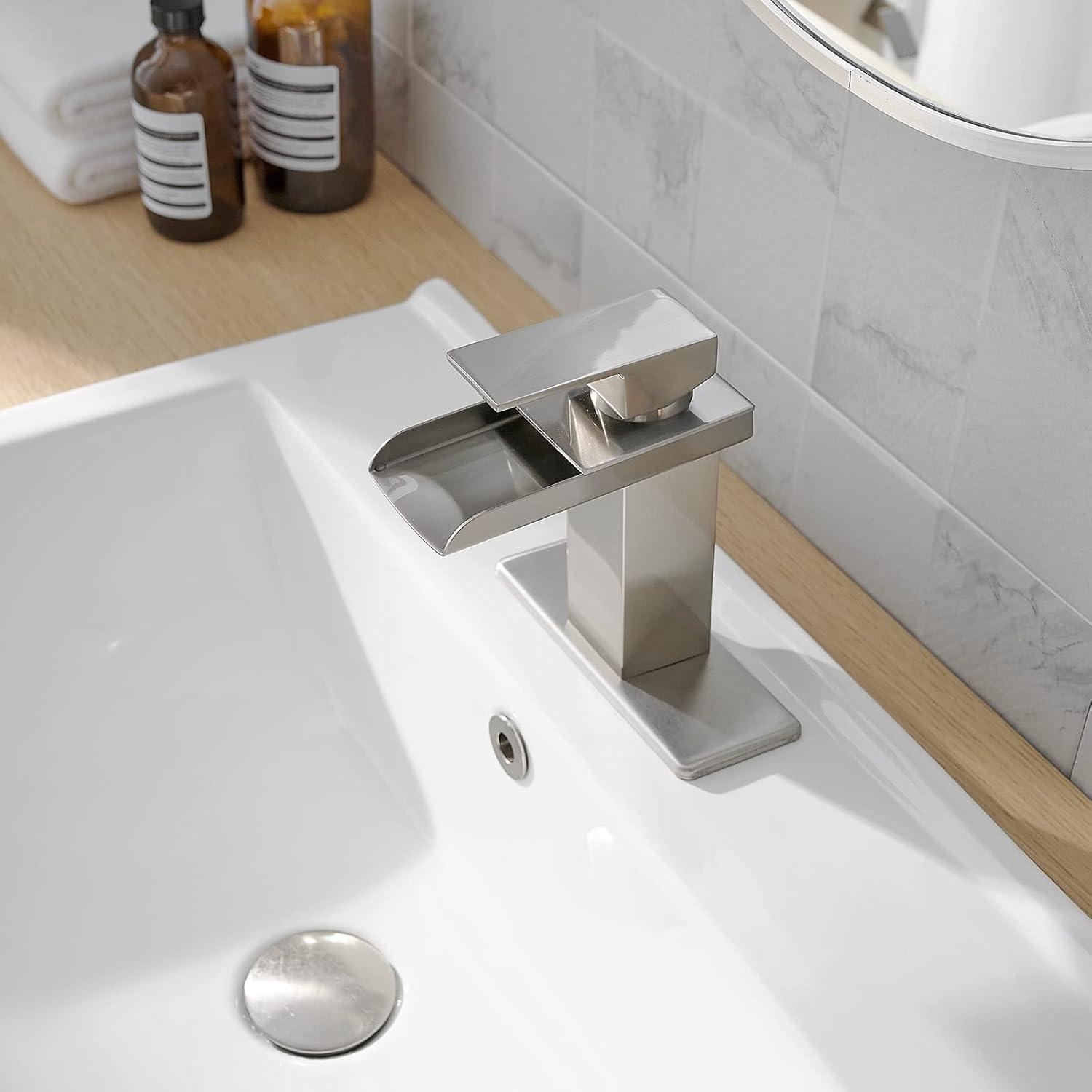 Brushed Nickel Square Waterfall Bathroom Faucet with Deck Plate