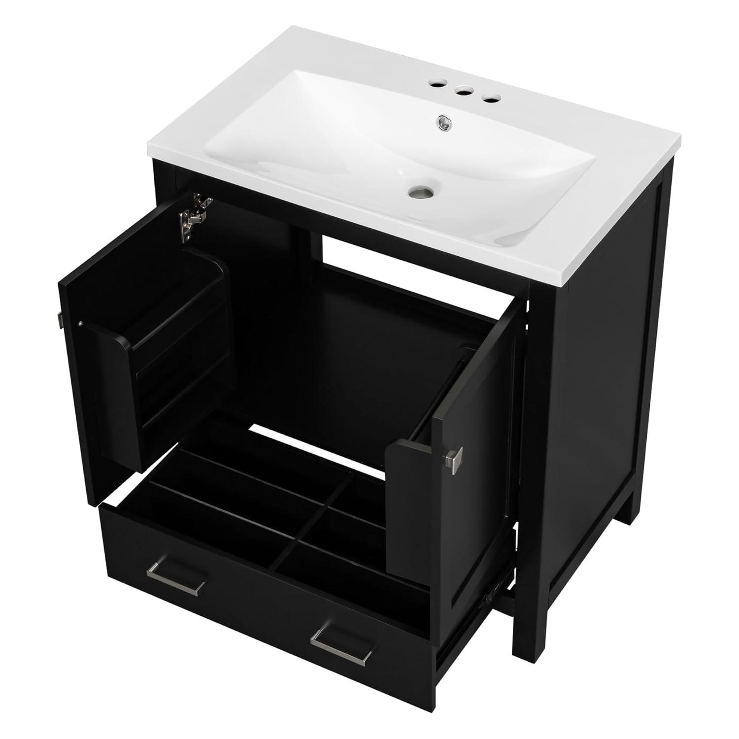 30" Bathroom Vanity with Sink, Modern Under Sink Cabinet with 2 Doors and 1 Drawer, Floor Storage Cabinet for Bathroom with Removable Divider and Double Shelf, Black