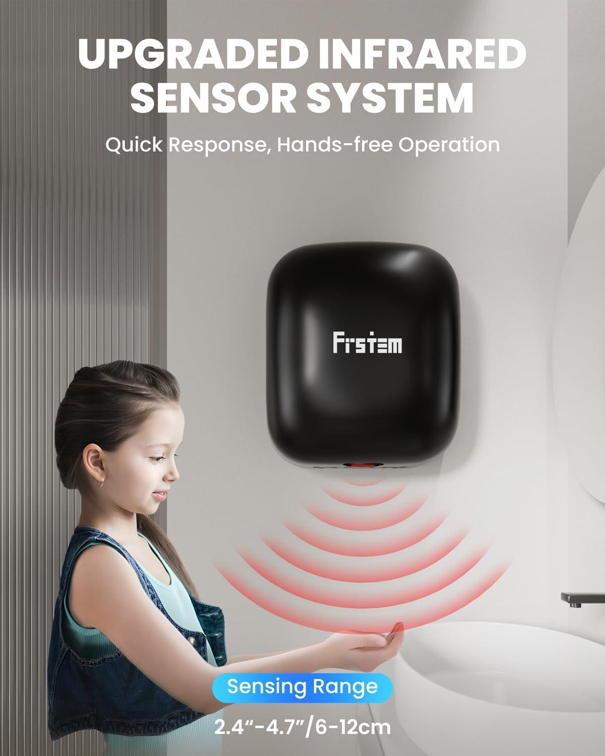 Frstem 1400W Commercial Hand Dryers, Automatic High Speed Hand Dryer Machine With Auto-Infrared Sensor&Smart Temp Control, Air Wiper Compact Hand Dryer For Home, Bathrooms, Restaurants, Hotels, Black
