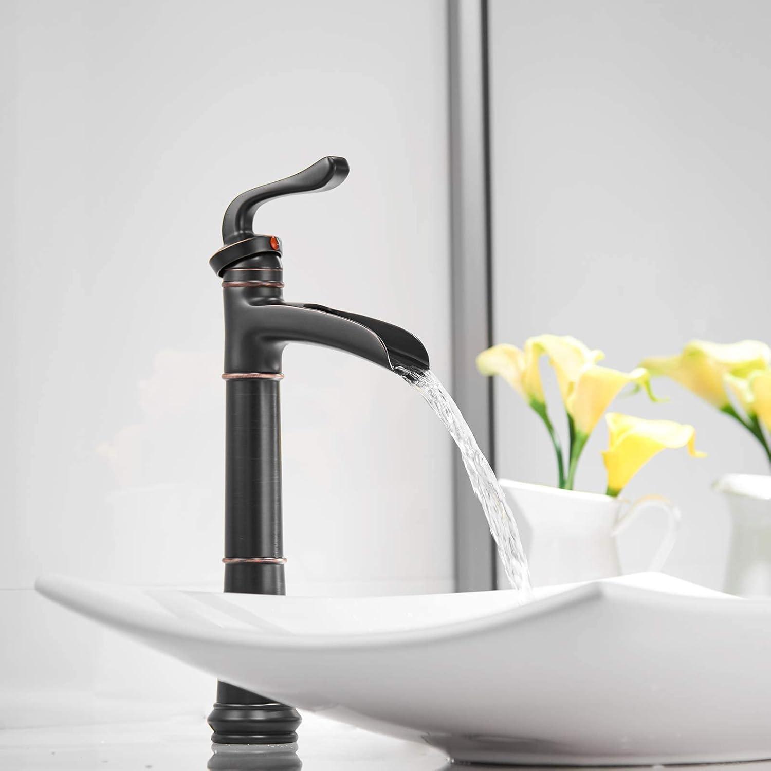 Vessel Sink Faucet Oil Rubbed Bronze Bathroom Faucet Waterfall Farmhouse Single Hole Single Handle for Sink Lavatory Faucets with Pop Up Drain Without Overflow Supply Line