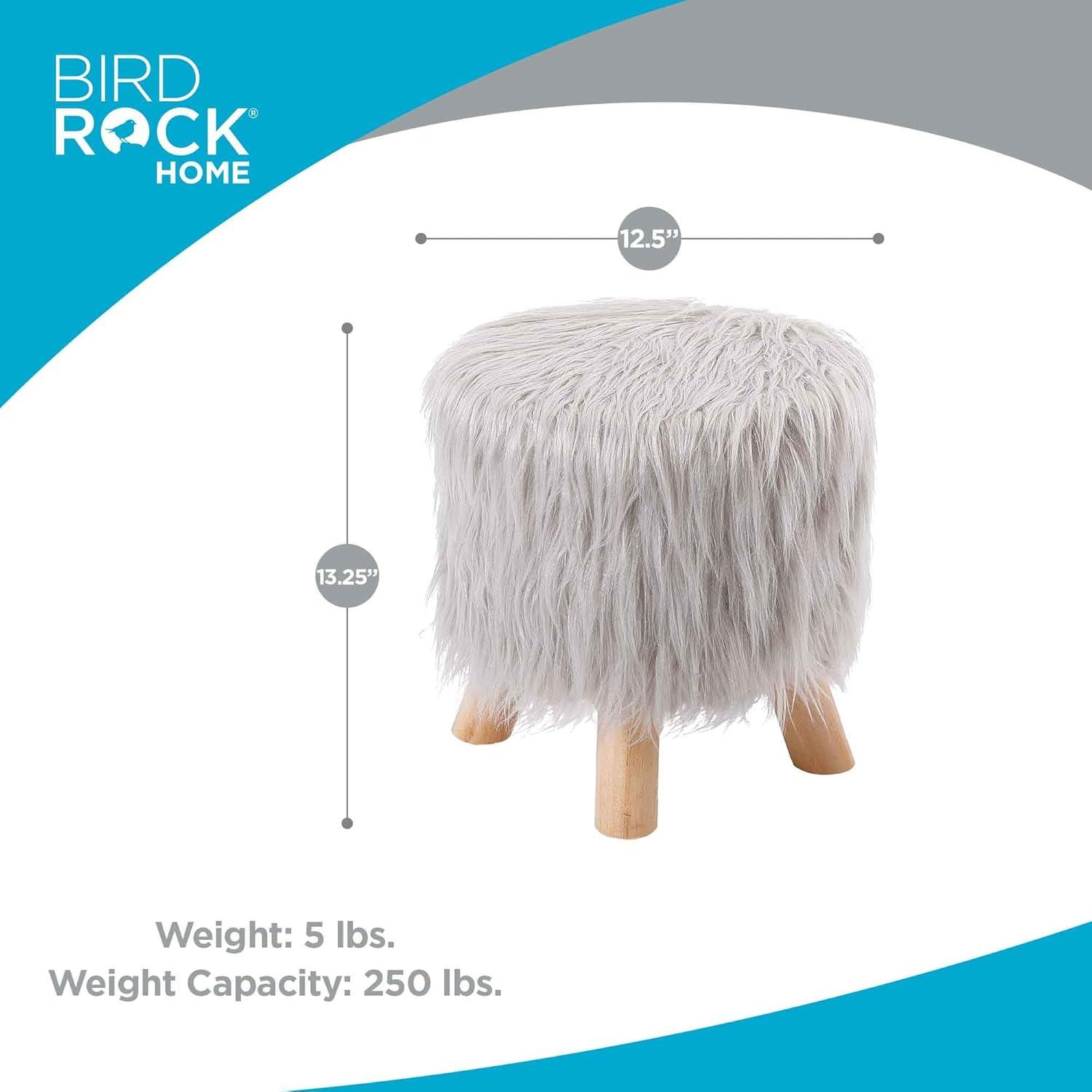BirdRock Home Faux Fur Foot Stool Ottoman with Wood Legs - Silver