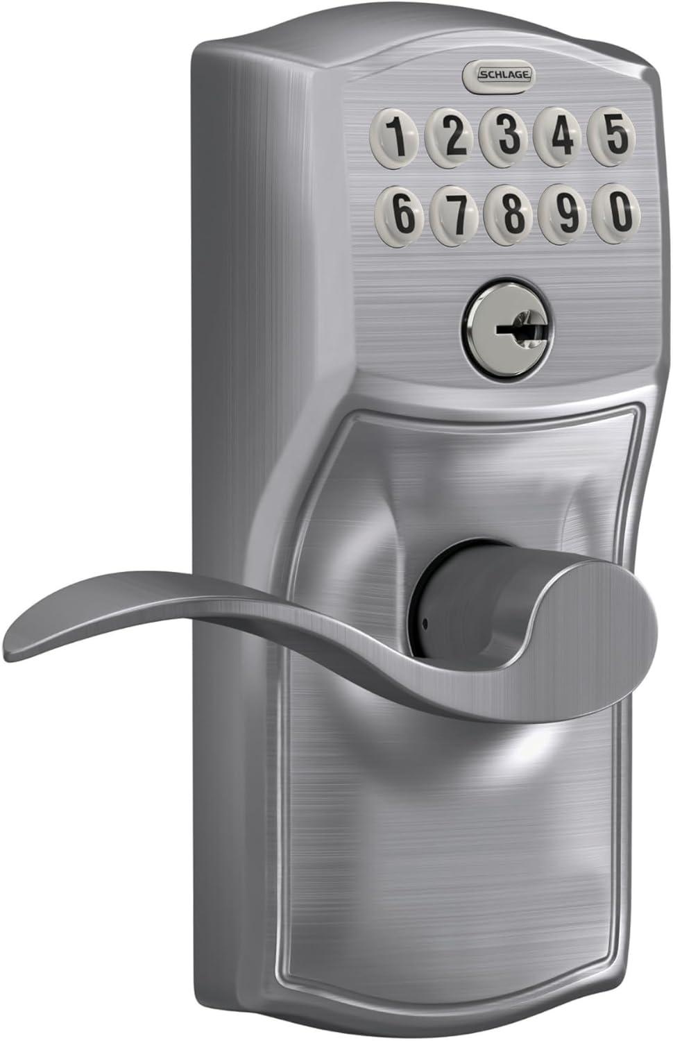Schlage FE595 Camelot By Accent Keypad with 16211 Latch 10063 Strike Entry Flex-Lock Electronic Keypad with 16211 Latch 10063 Strike Satin Chrome Finish
