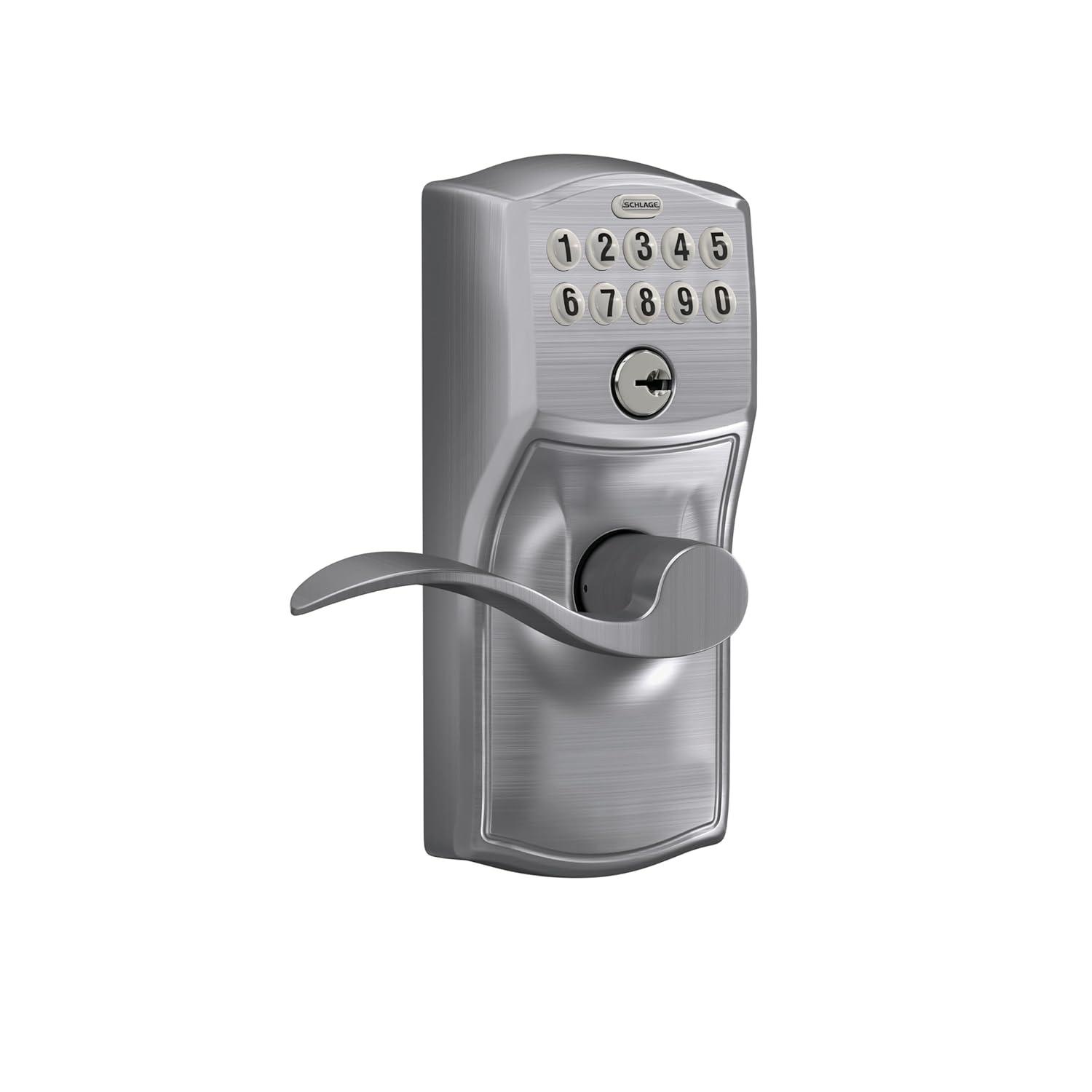 Schlage FE595 Camelot By Accent Keypad with 16211 Latch 10063 Strike Entry Flex-Lock Electronic Keypad with 16211 Latch 10063 Strike Satin Chrome Finish