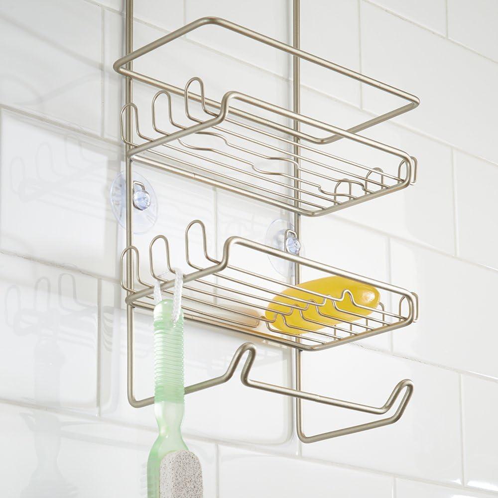 Satin Silver Metal Hanging Shower Caddy with Hooks and Towel Bar