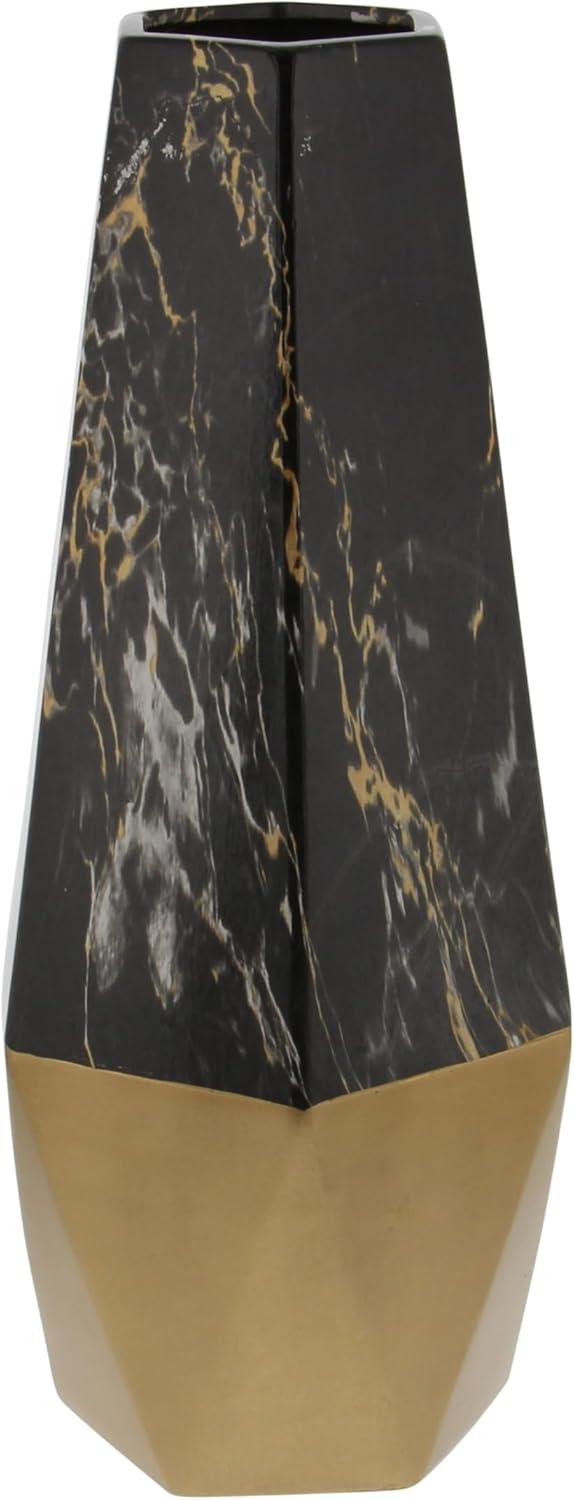 Mercer41 Bhavya Ceramic Faux Marble Decorative Dark Gray Vase with Gold Base
