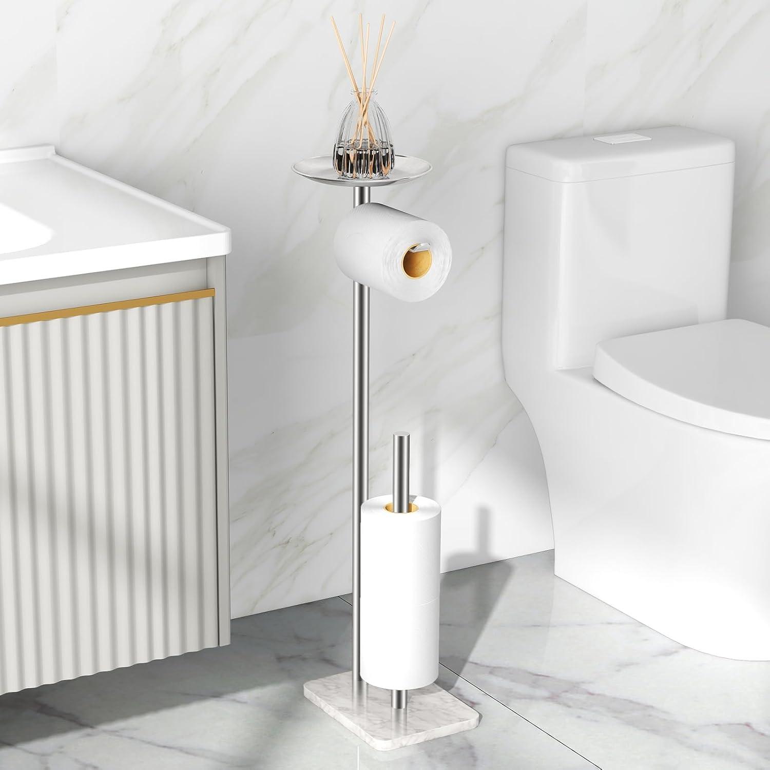 Toilet Paper Holder Free Standing With Marble Base: Stainless Steel Toilet Paper Holder Stand With Top Tray For Candles, Cell Phone And Wet Wipes, Storage 4 Mega Roll Papers (Brushed Nickel)