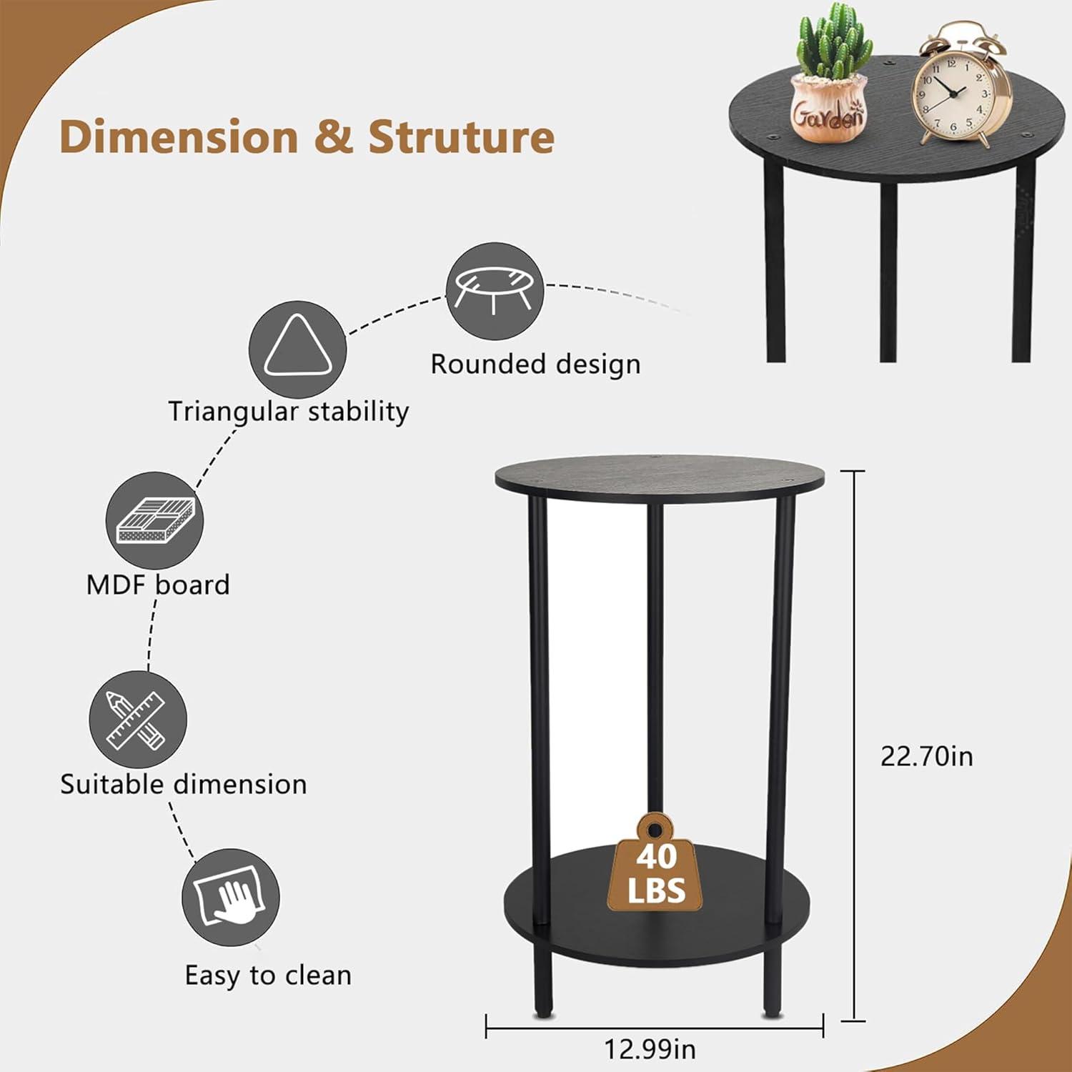 Small Round Side Table, End Tables Living Room Set of 2, Black Night Stands for Bedrooms, Small Side Table for Small Spaces，2 Tiers Modern Side Table with Storage Shelf, Easy to Assemble