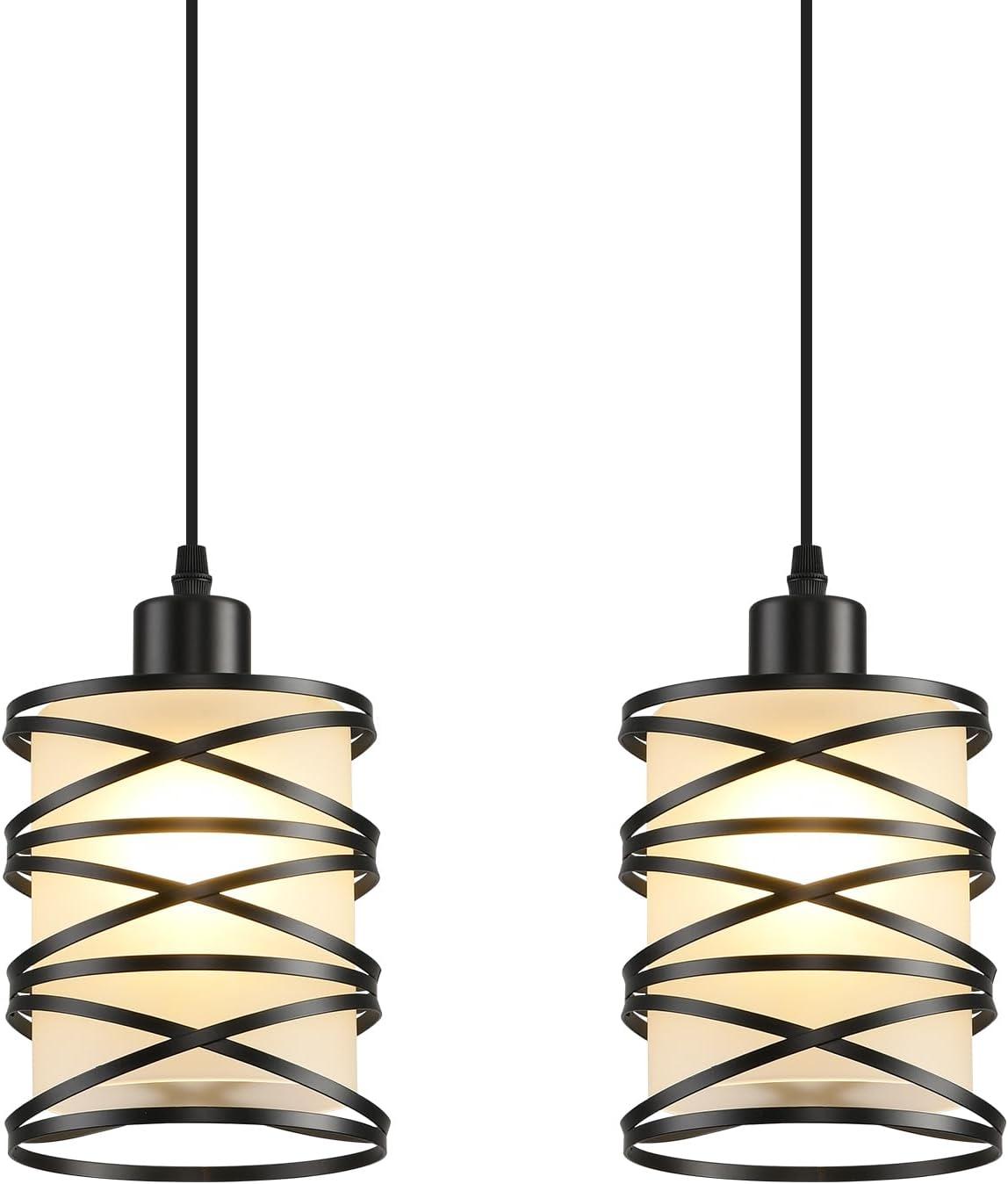 2 Pack Pendant Light Kitchen Island Pendant Lighting, Hanging Light with Spiral Cage Frosted Glass Shade, Black Modern Indoor Hanging Lamp for Dining Room Kitchen Island