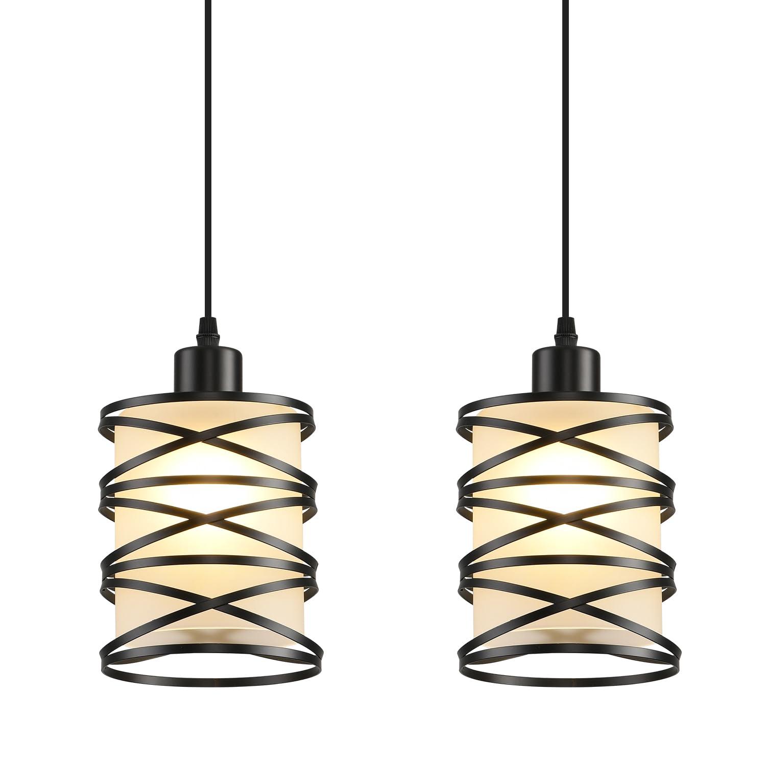 2 Pack Pendant Light Kitchen Island Pendant Lighting, Hanging Light with Spiral Cage Frosted Glass Shade, Black Modern Indoor Hanging Lamp for Dining Room Kitchen Island