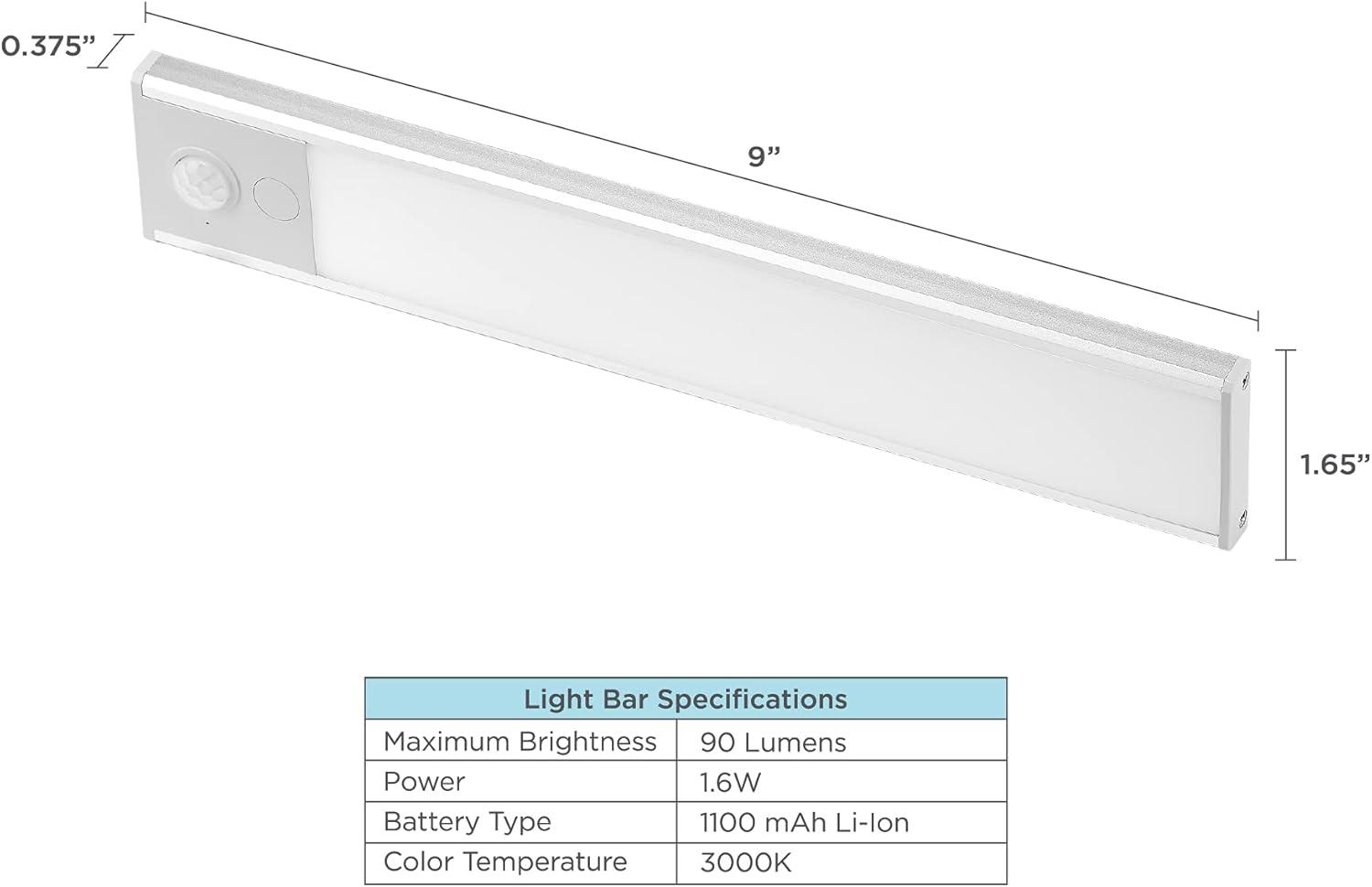 Warm White LED 9'' Rechargeable Under Cabinet Light Bar