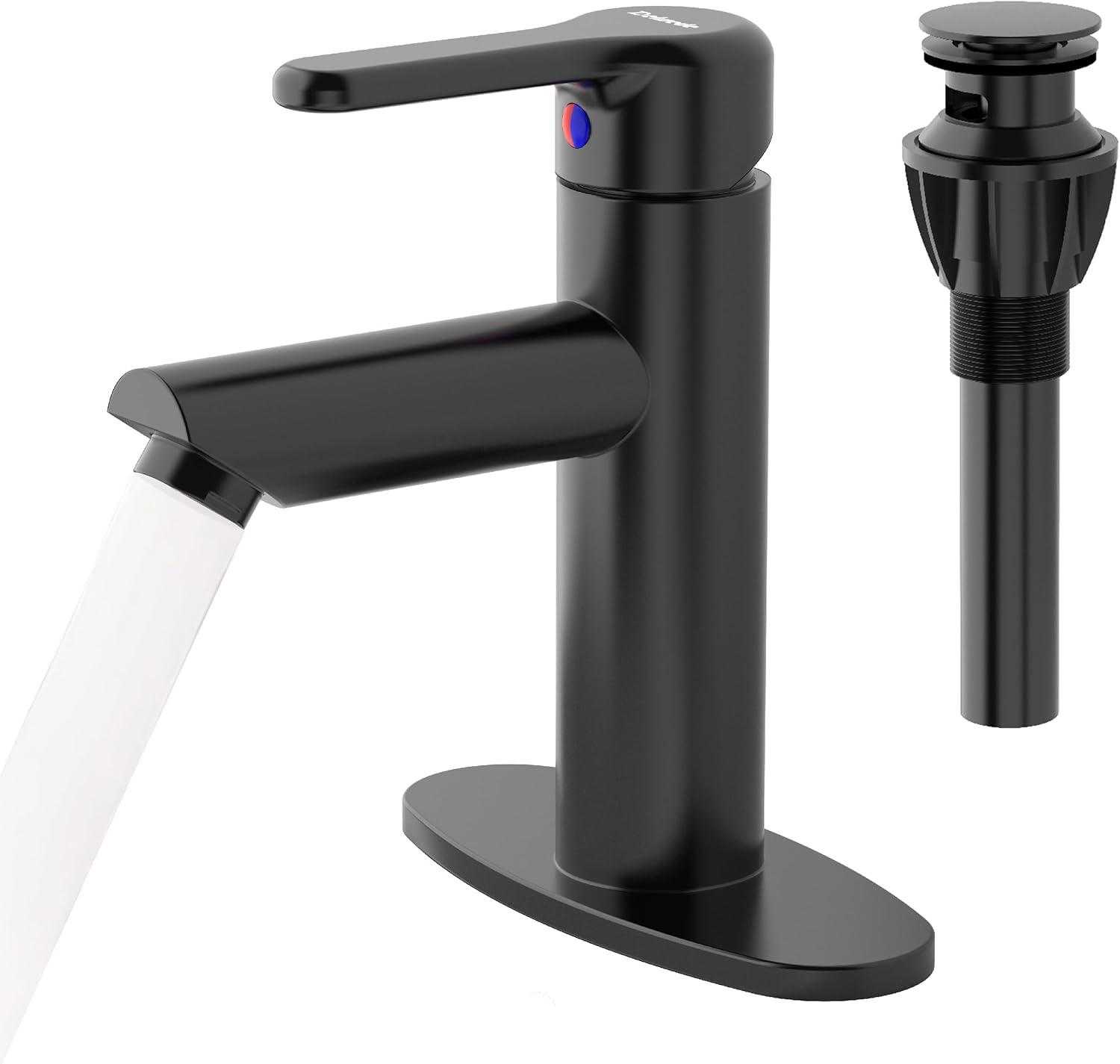 Bathroom Sink Faucet One Hole,Lavatory Tap for Basin,Matte Black Bathroom Sink Faucet with Metal Pop Up Drain Assembly， Bathroom Faucet 1 Hole with 3 Hole Deck Plate