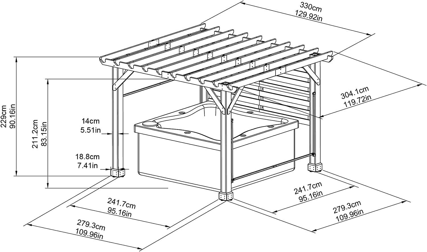 Sunjoy Cedar Pergola 10 x 11 ft. Wooden Hot Tub Pergola with Adjustable Canopy and Privacy Screen