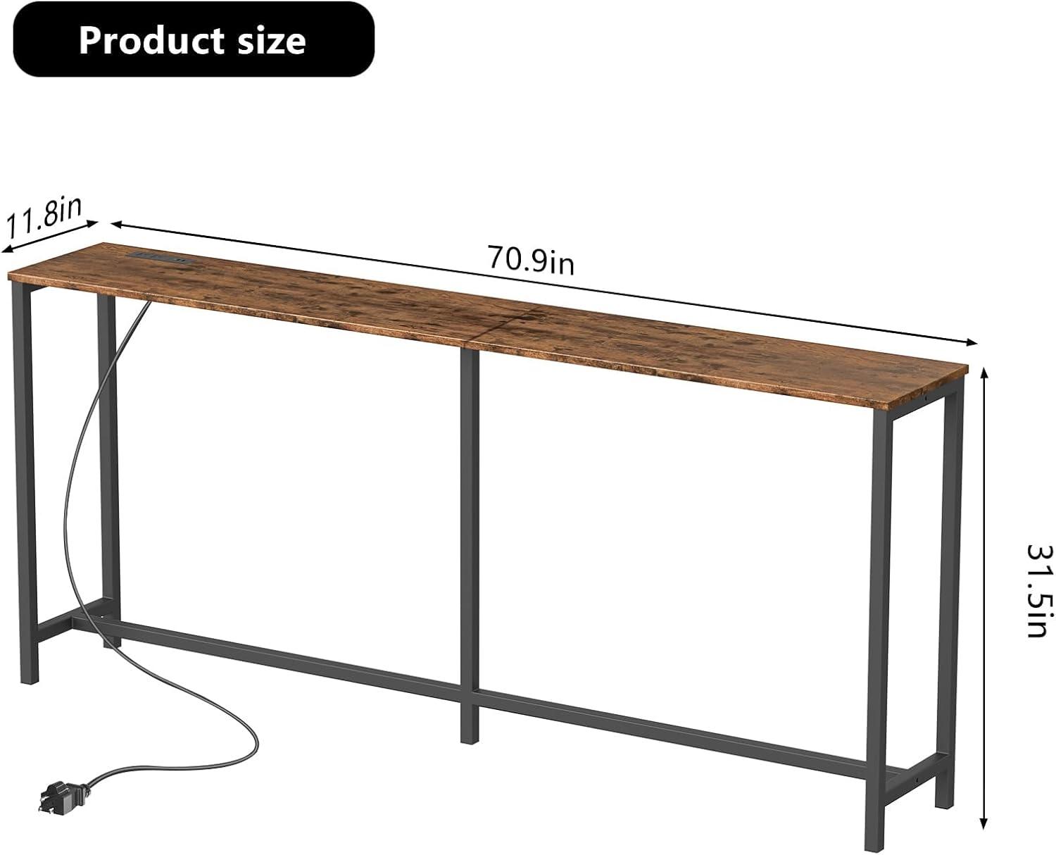 EasyCom 70" Extra Long Console Table - 11.8" Narrow Entryway Table with Quick Charging Station - Behind Couch Sofa Table with Metal Frame for Hallway Living Room Bedroom Foyer