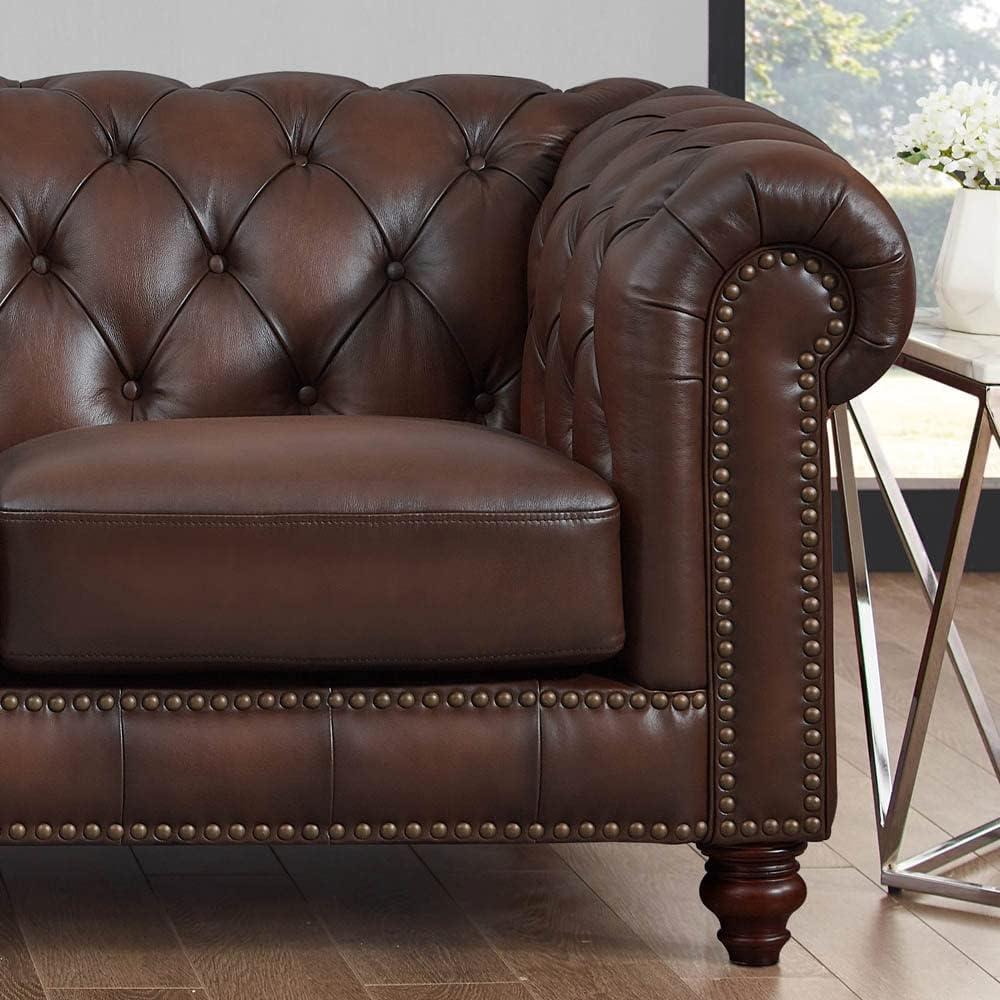 Caramel Brown Tufted Leather Chesterfield Loveseat with Nailhead Trim