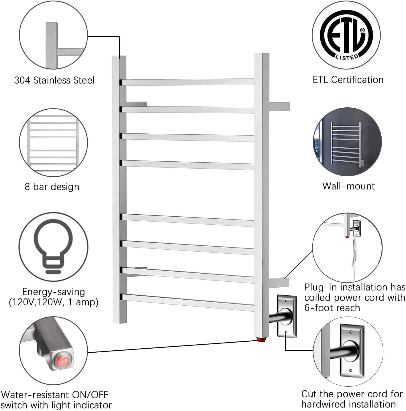 HEATGENE Towel Warmer, Heated Towel Warmer Rack, Wall-Mounted Hardwired/Plug-in Electric Towel Warmers for Bathroom, Hot Towel Rails - Brushed