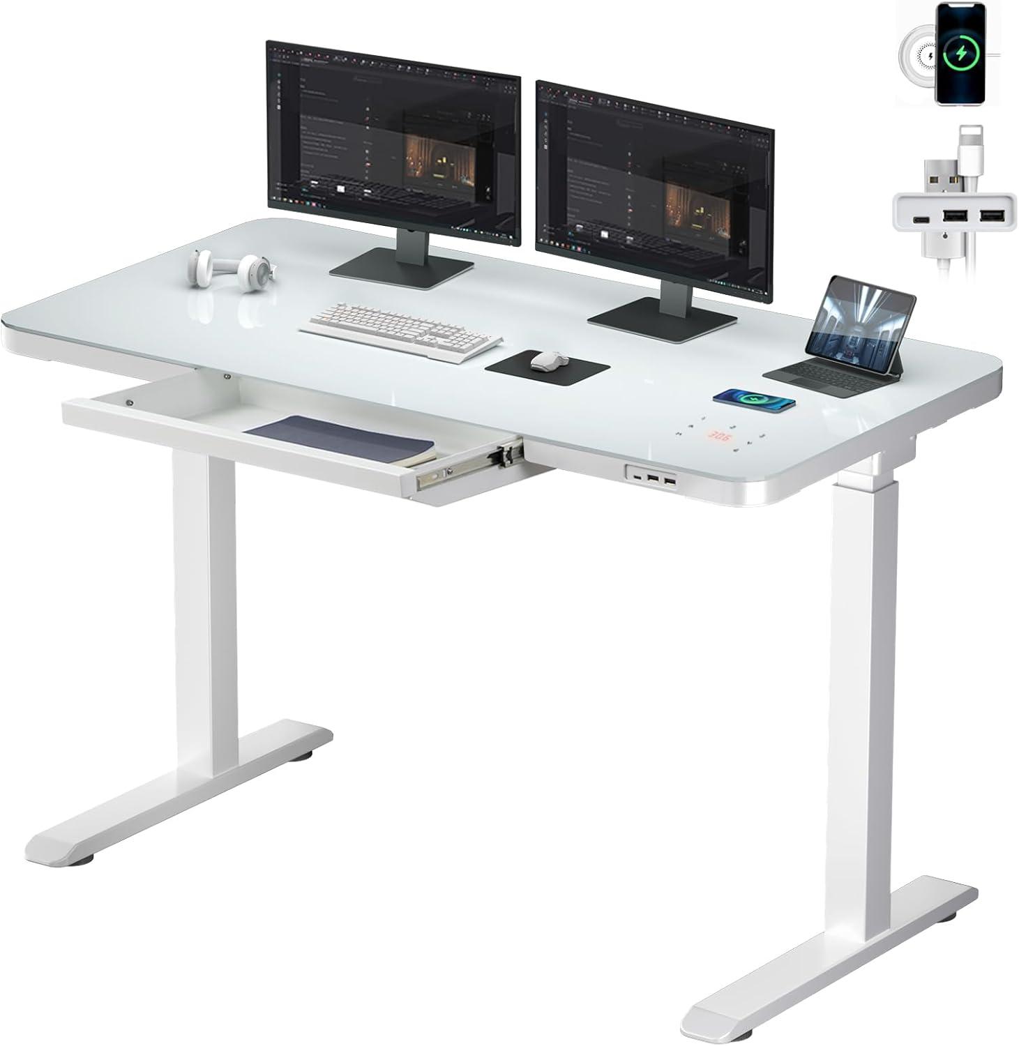 White Adjustable Height Standing Desk with Glass Top and Drawer