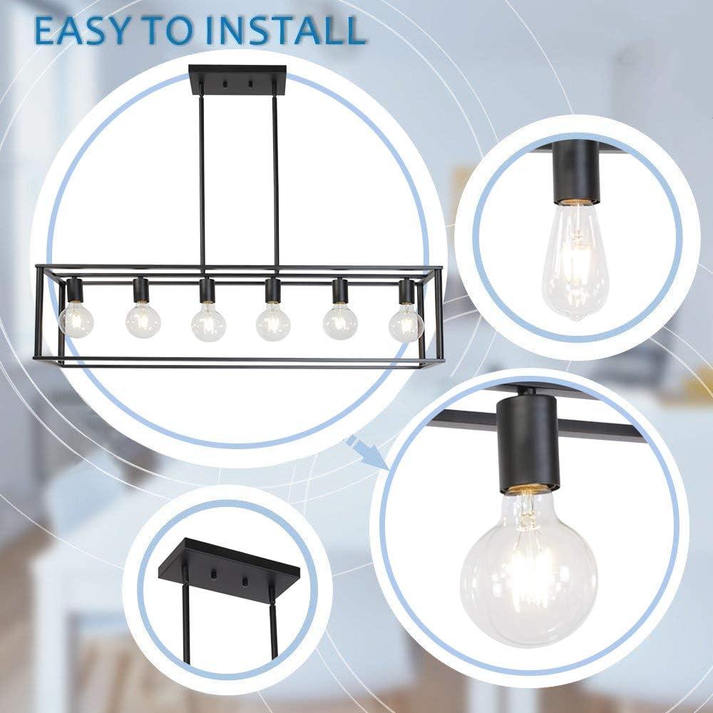 6 Light Rectangle Chandelier Contemporary Farmhouse Linear Pendant Lighting Black Industrial Vintage Kitchen Island Metal Cage Ceiling Light Fixture