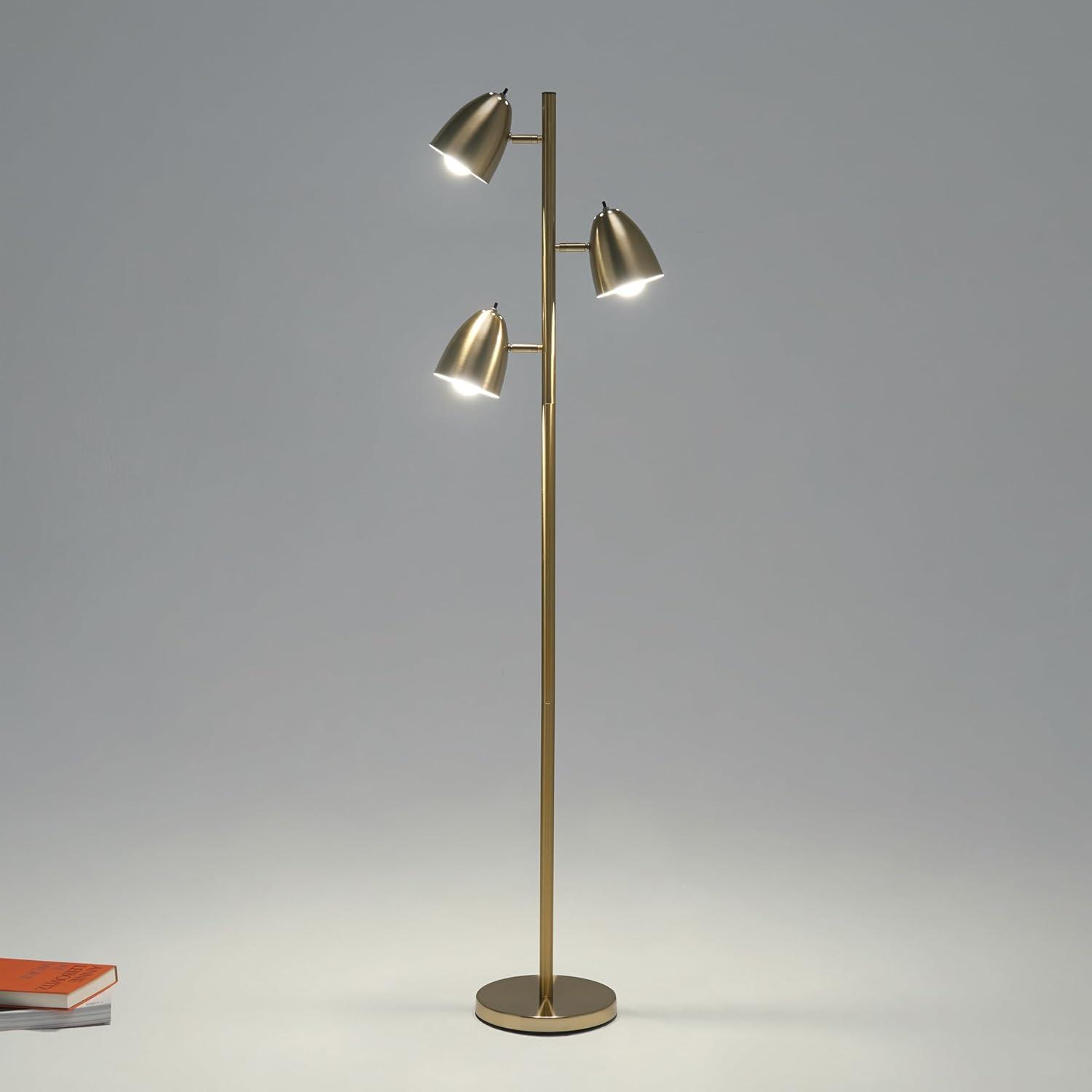 Brightech Jacob 64" Modern 3-Light Adjustable LED Floor Lamp with Gold Brass Finish and Metal Cone Shades, Bulbs Included