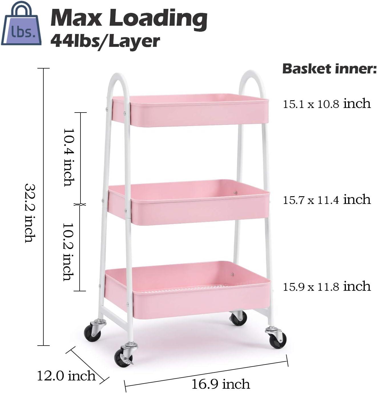 KK KINGRACK 3-Tier Rolling Cart, Metal Utility Cart with Wheels ,Office School Organizer, Pink