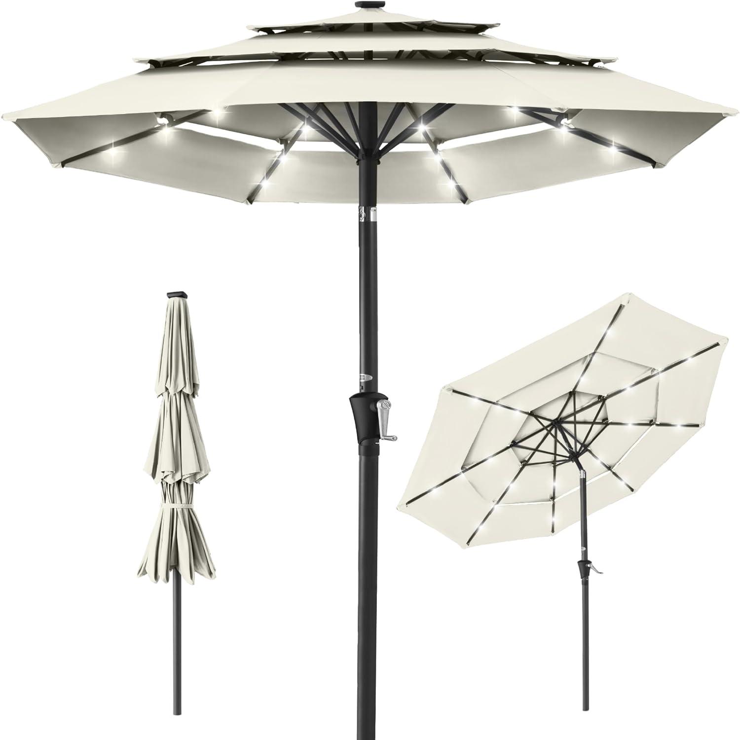 Best Choice Products 10ft 3-Tier Solar Patio Umbrella w/ 24 LED Lights, Tilt Adjustment, Easy Crank - Ivory