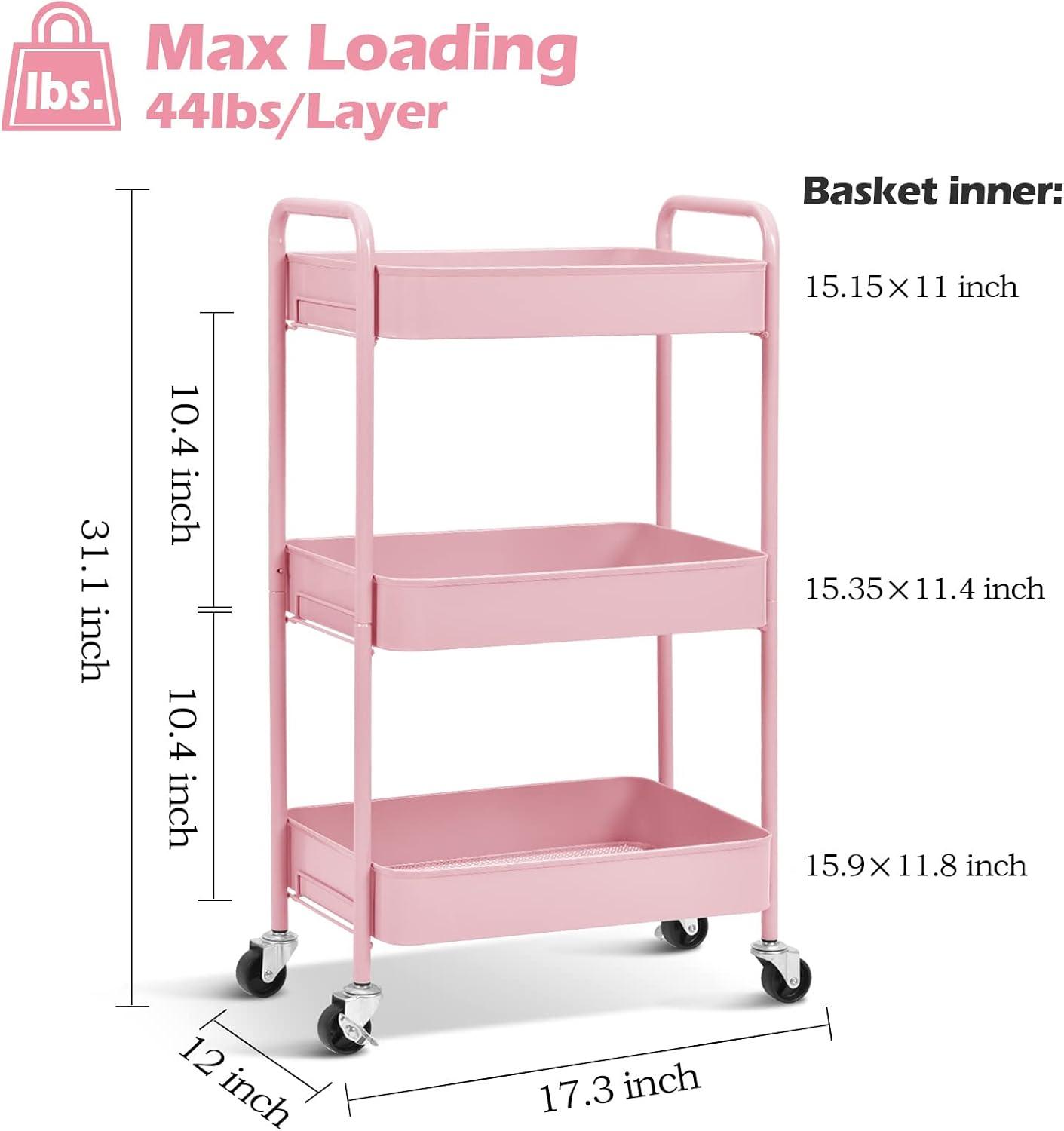 Pink 3-Tier Rolling Utility Cart with Alloy Steel Frame