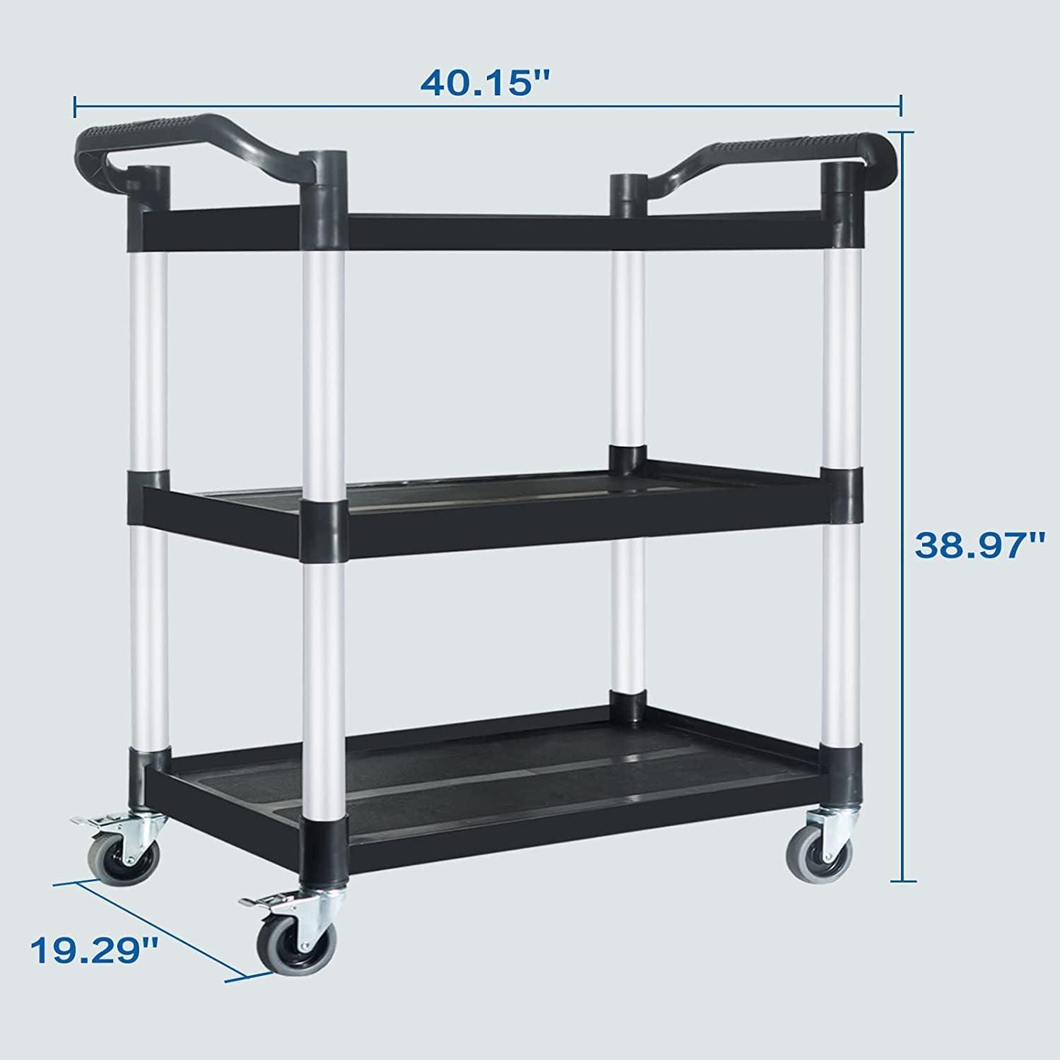 Large Black Plastic and Aluminum 3-Tier Utility Cart with Swivel Wheels