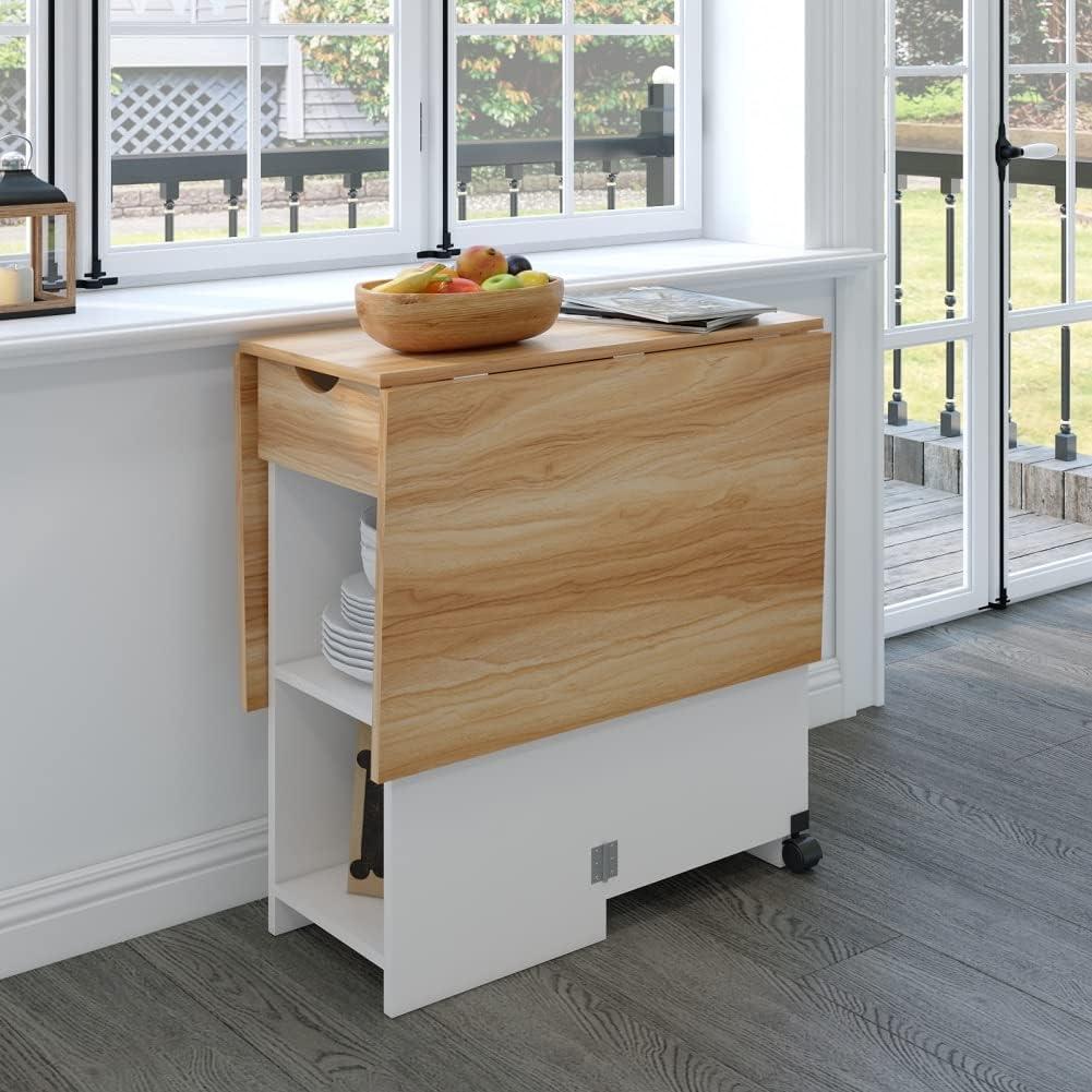 Mobile Folding Dining Table, Drop Leaf Table with 1 Drawer and 2 Open Storage Shelves for Small Space Dining Room Kitchen, White & Red Oak