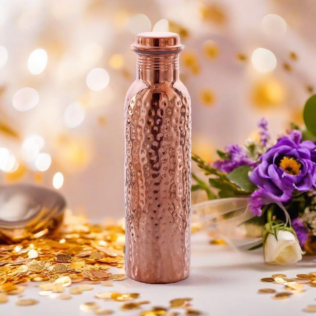 Hammered Design Pure Copper Water Bottle Seamless Leakproof Water Bottle For Home, Office, Hotel, Travelling and Gifting Drink More Water and Immediately Reap the Health - 33.81 Fl Oz