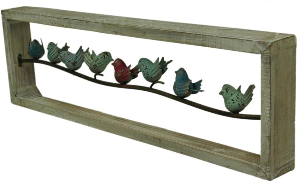 Distressed Multicolor Metal Birds on Weathered Wood Frame Wall Sculpture