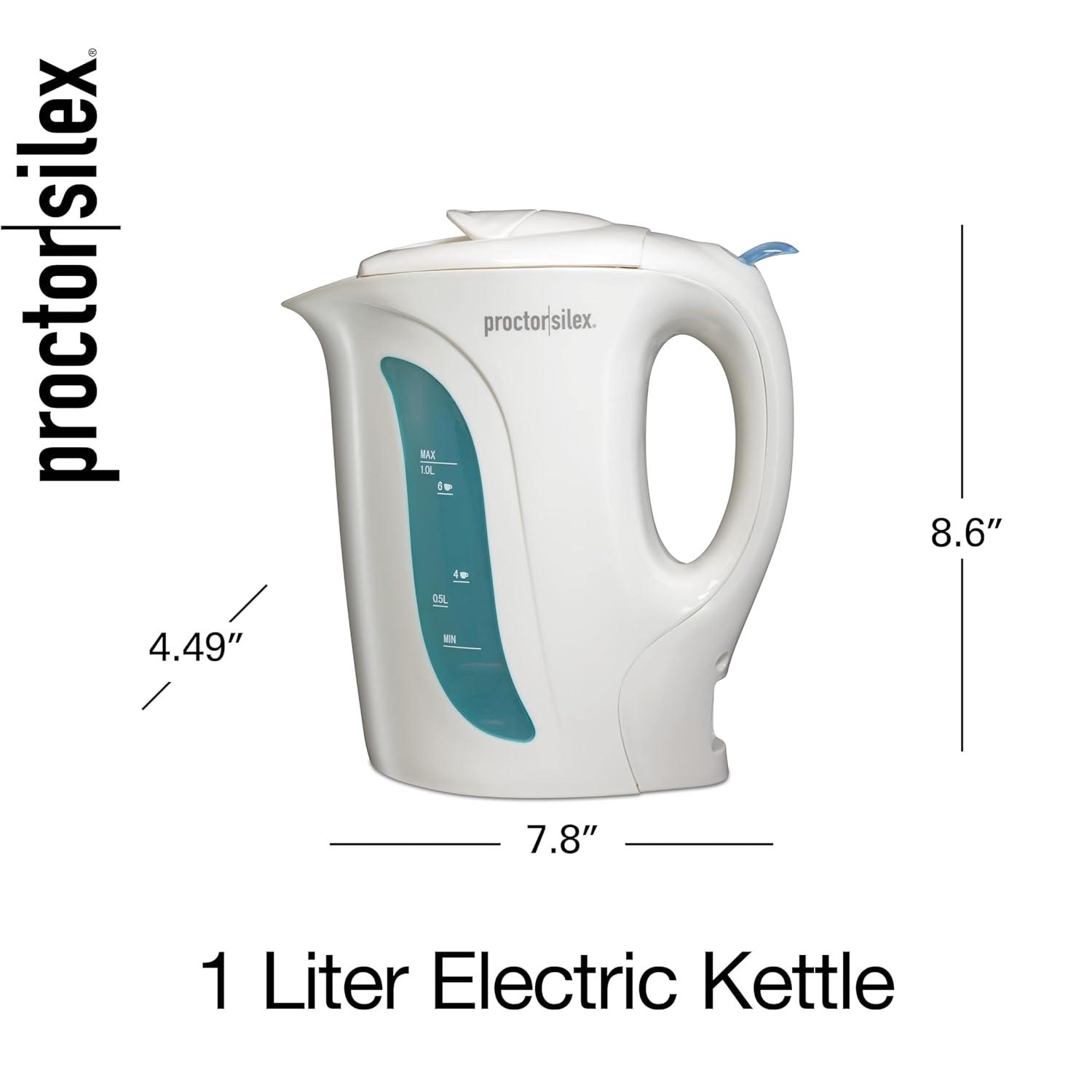 Proctor Silex Electric Kettle, Auto Shutoff, Boil-Dry Protection, 1 Liter, White, New, K2070PS