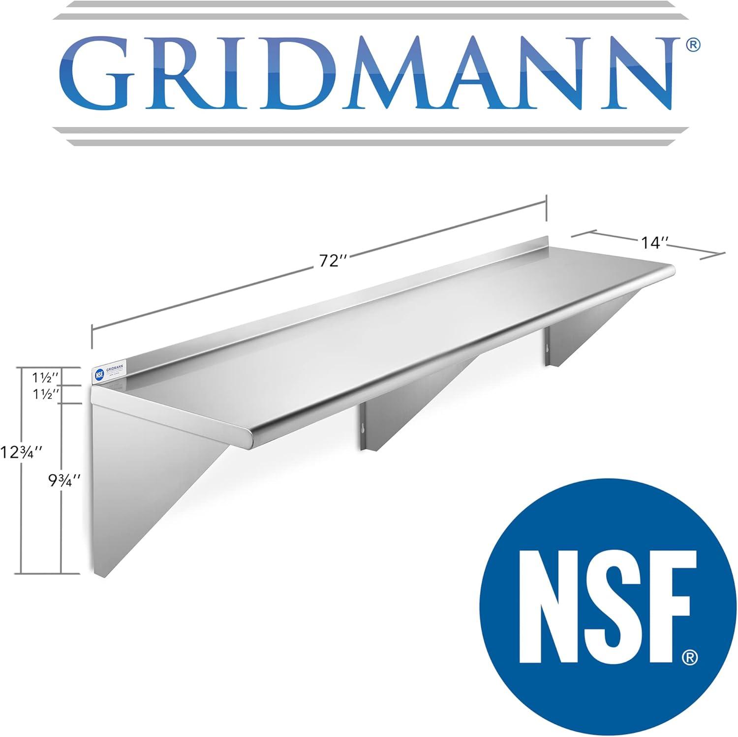 GRIDMANN 14" Deep Stainless Steel Kitchen Wall Mount Shelves with Backsplash - NSF Certified