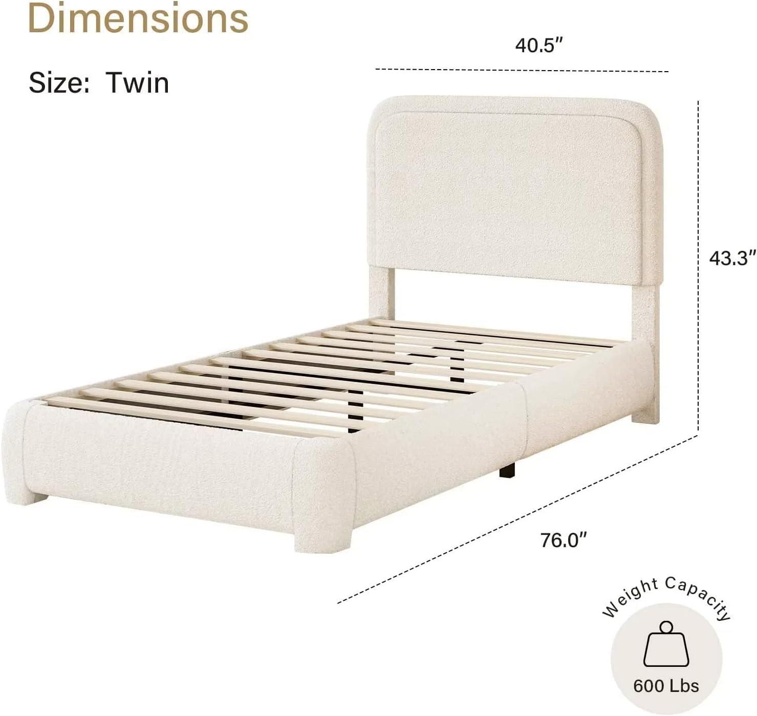 Manfred Boucle Upholstered Cloud Bed Frame with Rounded Corners Headboard, Soft Platform Bed Frame with Thickened Footboard