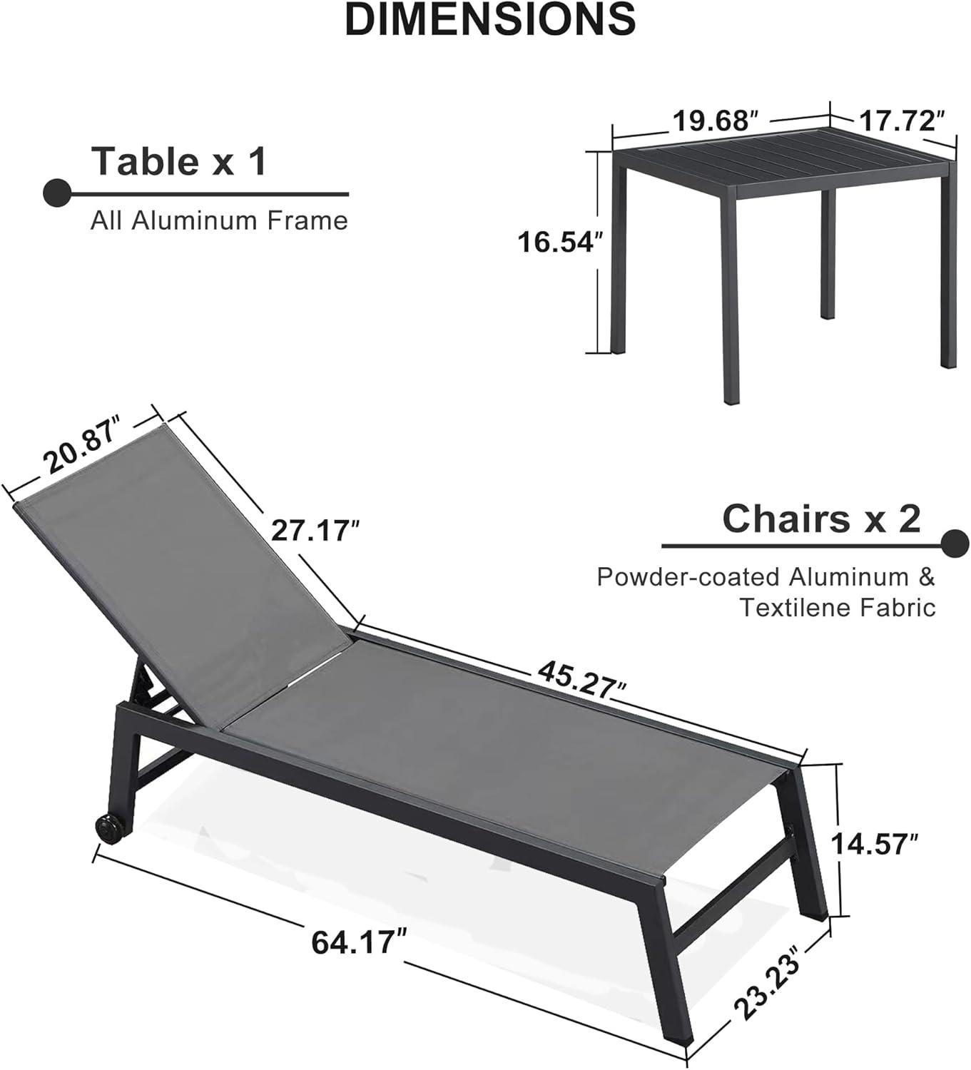 Gray Aluminum Adjustable Patio Chaise Lounge Set with Side Table