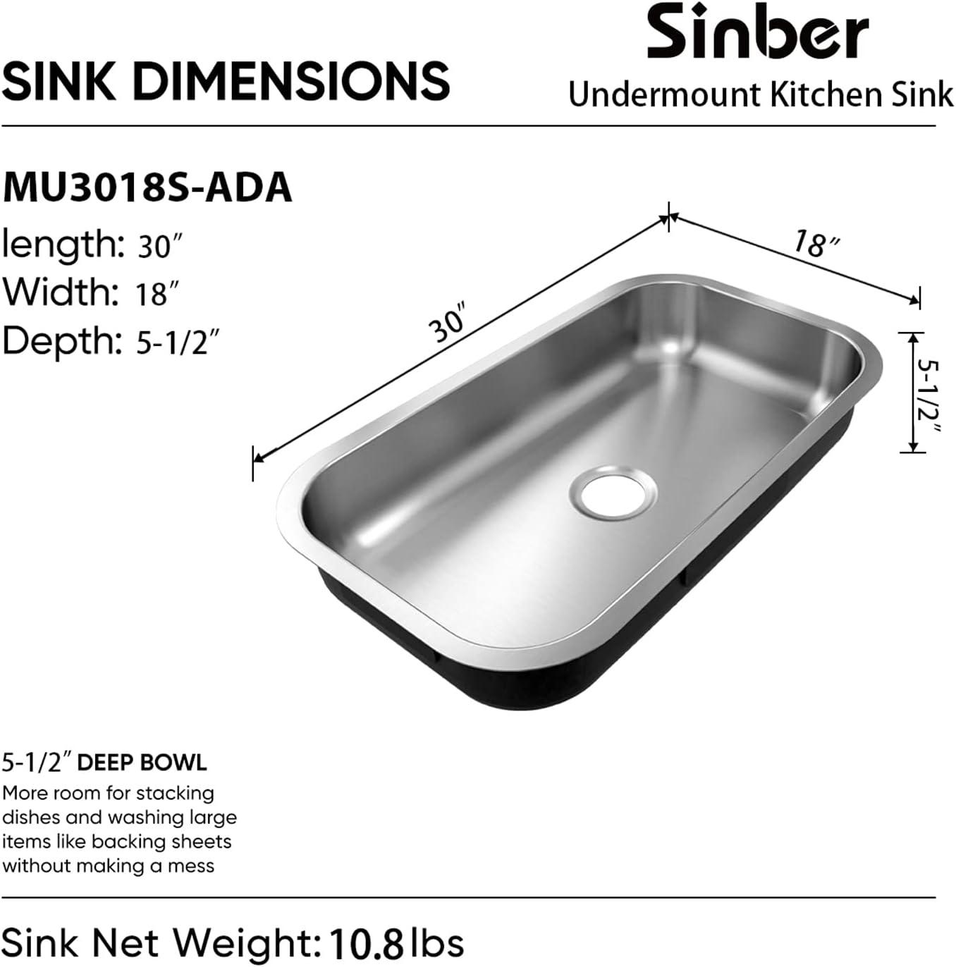 Sinber 30" x 18" Undermount Single Bowl Kitchen Sink with 18 Gauge 304 Stainless Steel Satin Finish