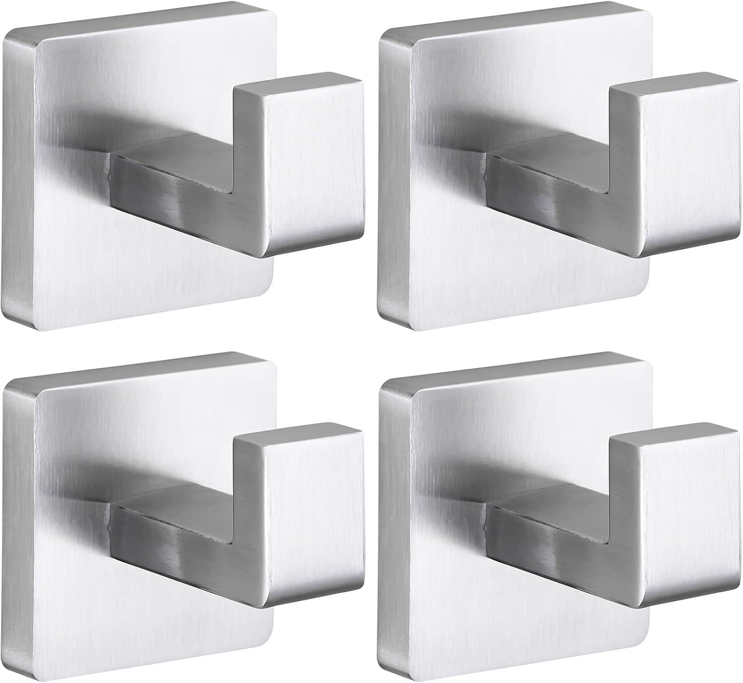 Stainless Steel Brushed Nickel Square J-Hook Towel Hooks, 4-Pack