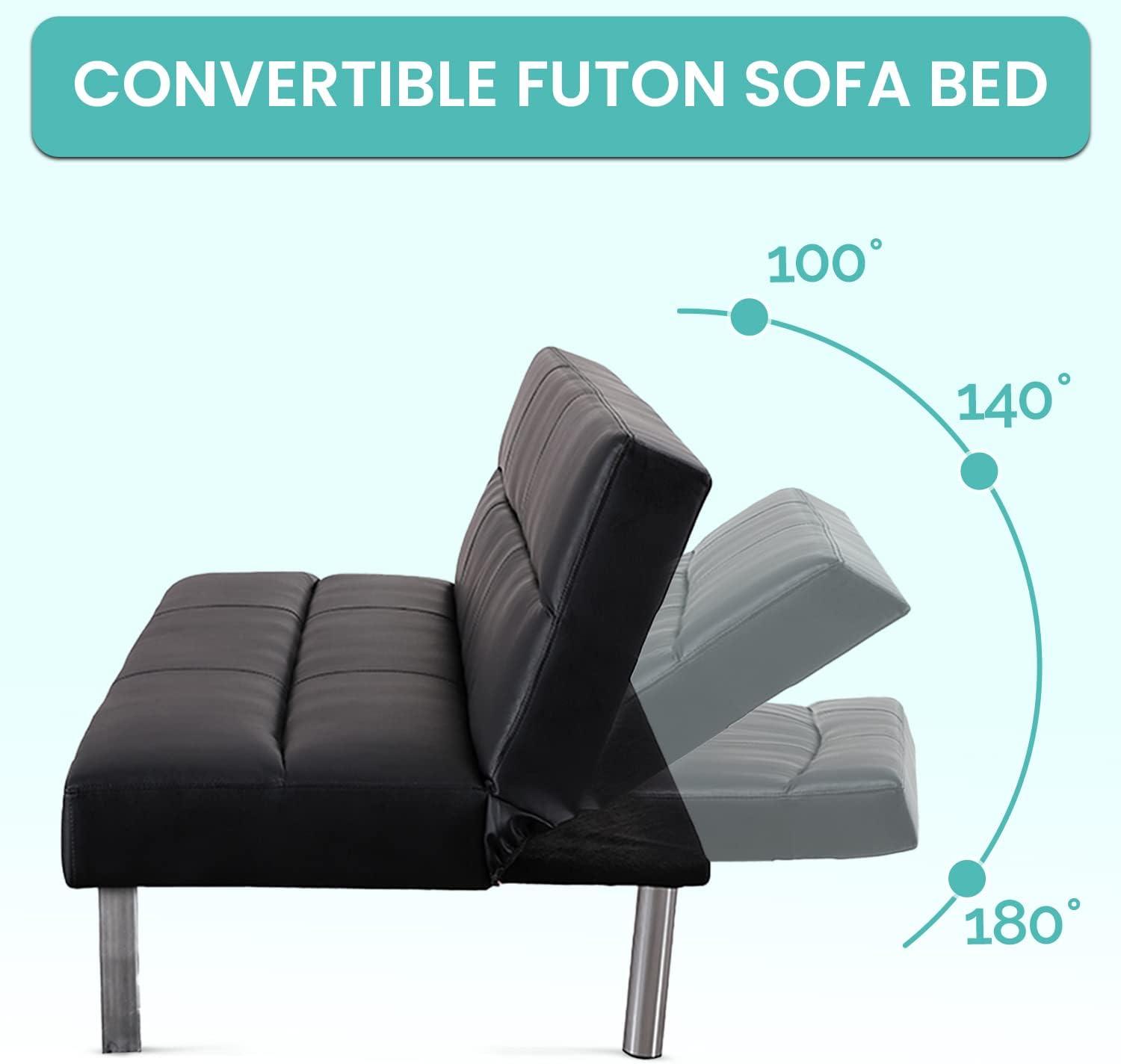 Modern Futon Sofa Bed - Compact Design for Small Spaces - Convertible Futon with Linen Fabric for Premium Comfort - Ideal Guest Couch - Stylish & Durable, Supports up to 750 lbs. - Tangerine