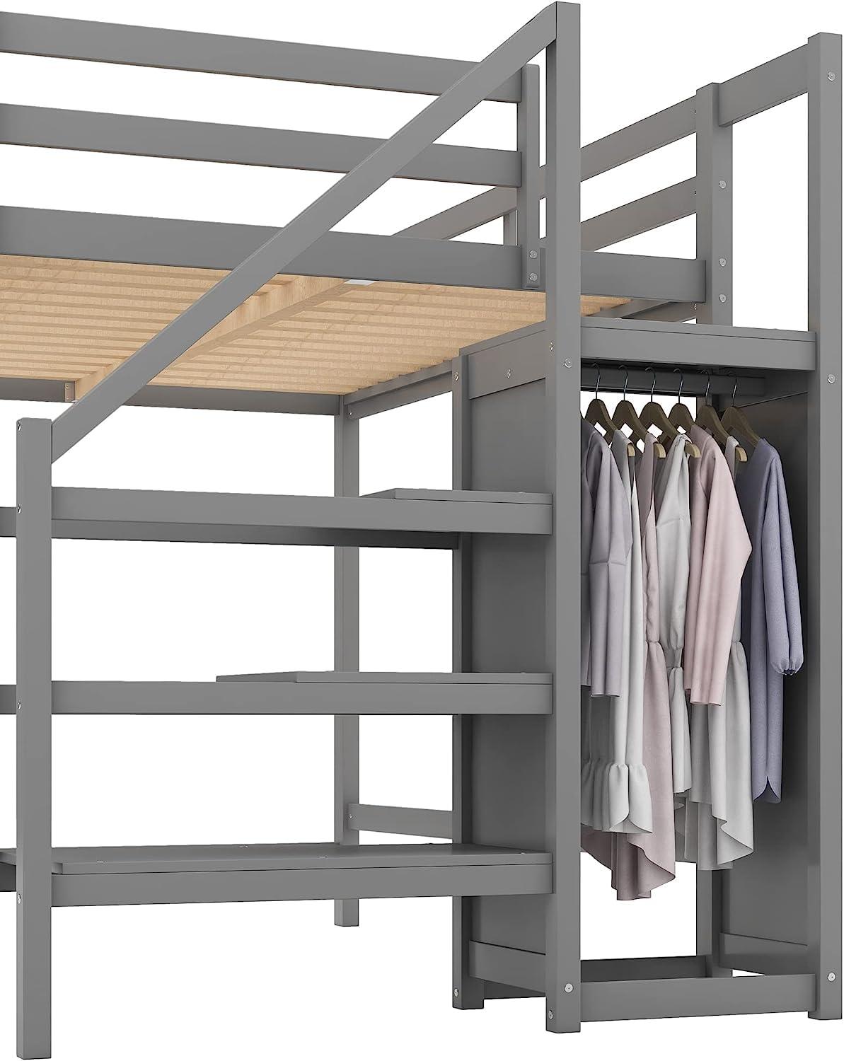 Harper & Bright Designs Full Size Loft Bed with Storage Shelves & Wardrobe, Wood Full Loft Bed Frame with LED Light for Kids Teens,Adults,Space Saving High Loft Bed,White