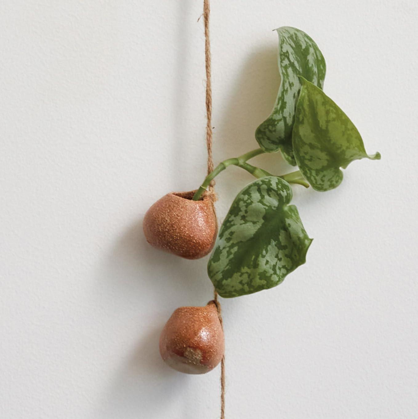 Brown Stoneware Hanging Vases with Jute Rope and Reactive Glaze