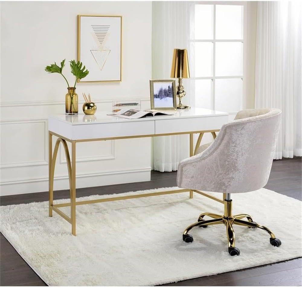 Light Mane Desk White High Gloss/Gold - Acme Furniture: 31" H, 2 Drawers, Metal Frame, 47" W