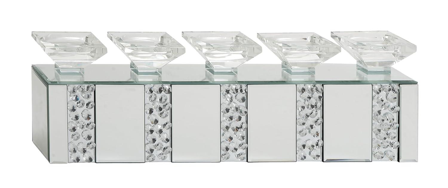 Mercer41 Glass Pillar 5 Plate Decorative Silver Candelabra with Mirrored Accents and Crystals