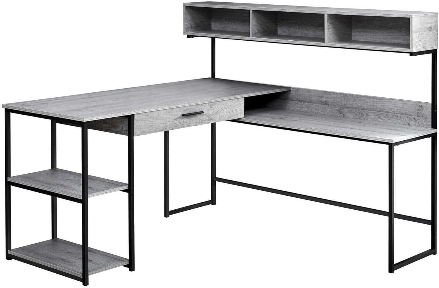 Contemporary L-Shaped Corner Computer Desk with Hutch, Drawer, and Shelves - Grey/Black