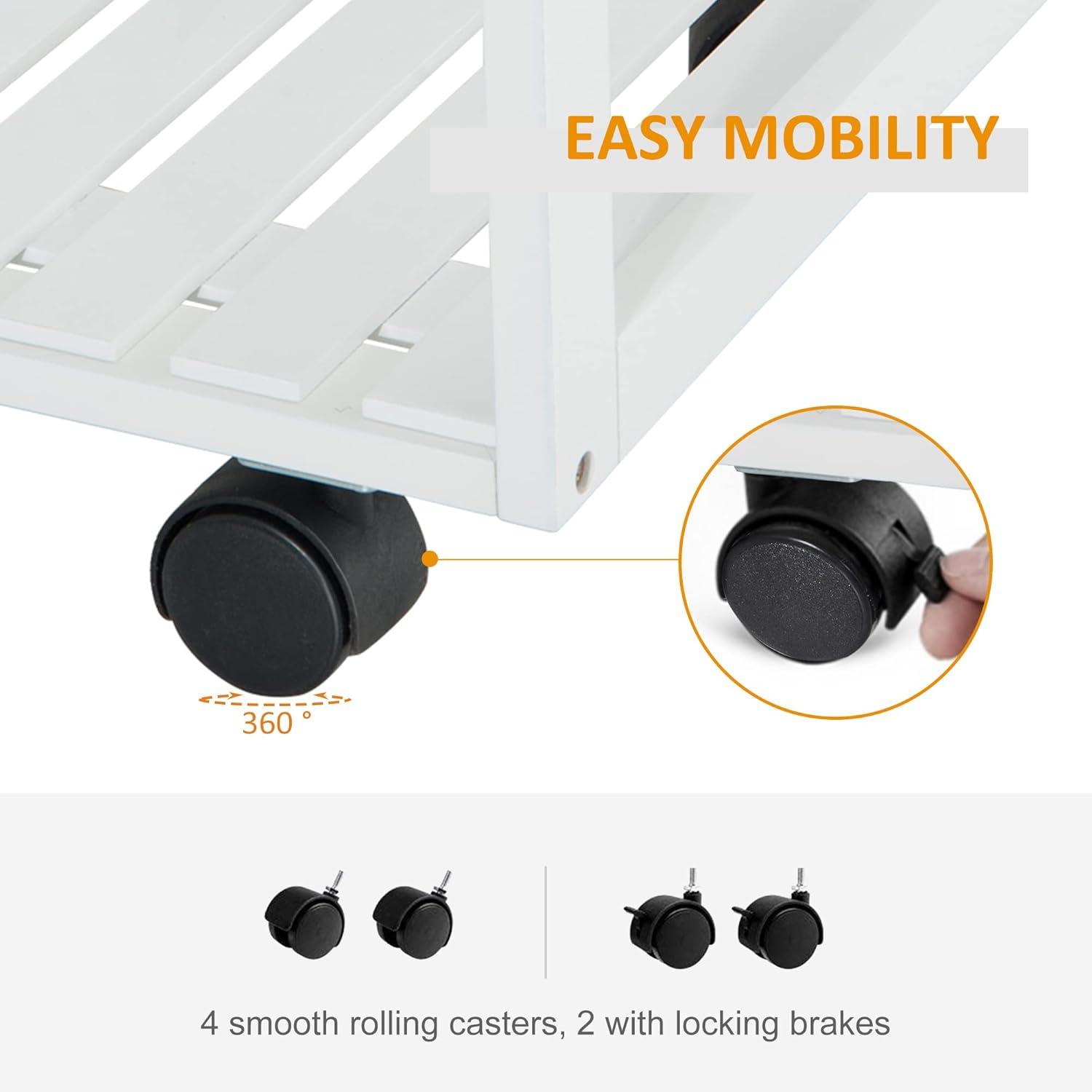 HOMCOM 28†Rolling Kitchen Trolley Serving Cart Storage Cabinet Bamboo Top with Wire Basket & Glass Door & Drawers - White
