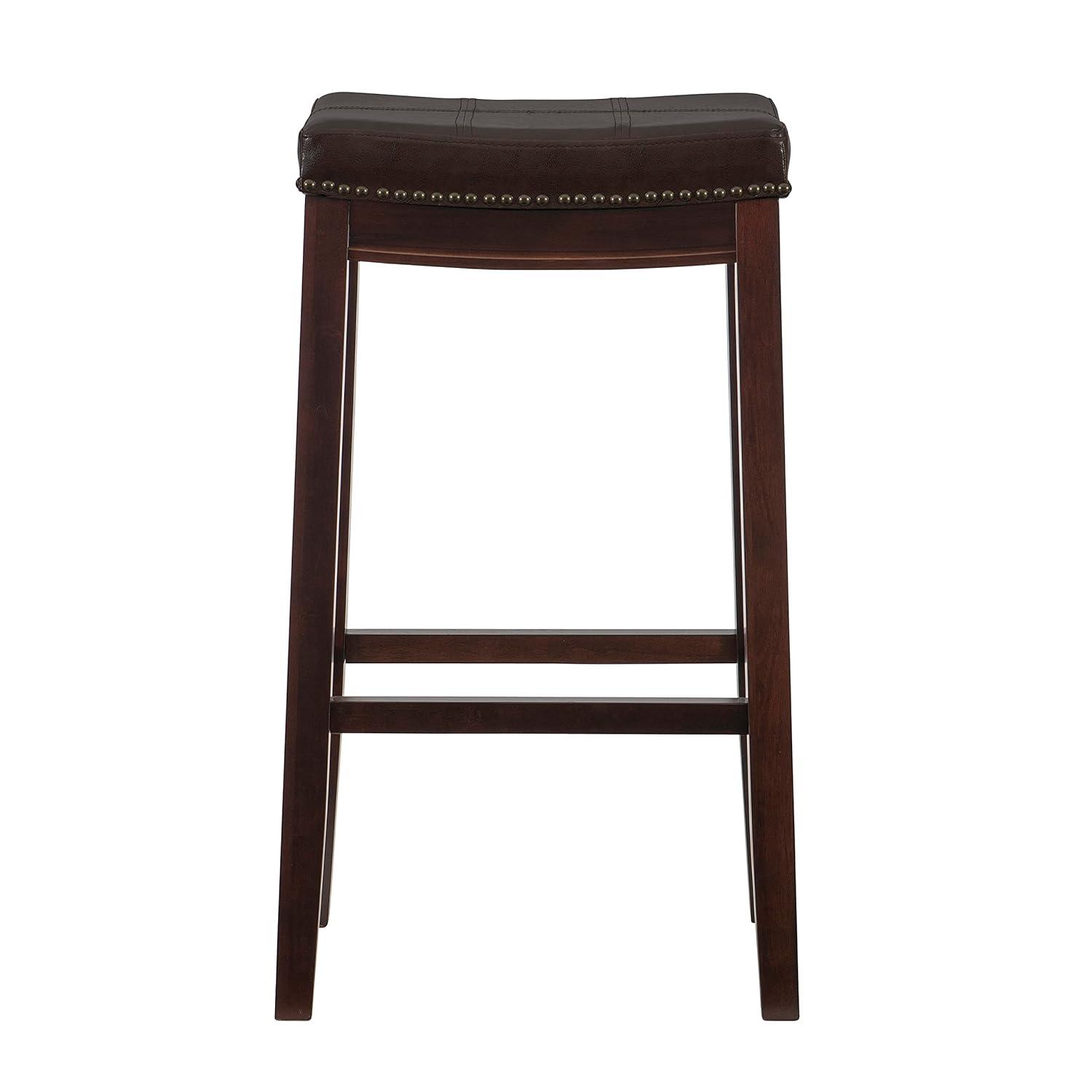 Linon Claridge Backless Wood Bar Stool, 32" Seat Height, Dark Brown Finish with Brown Faux Leather Fabric