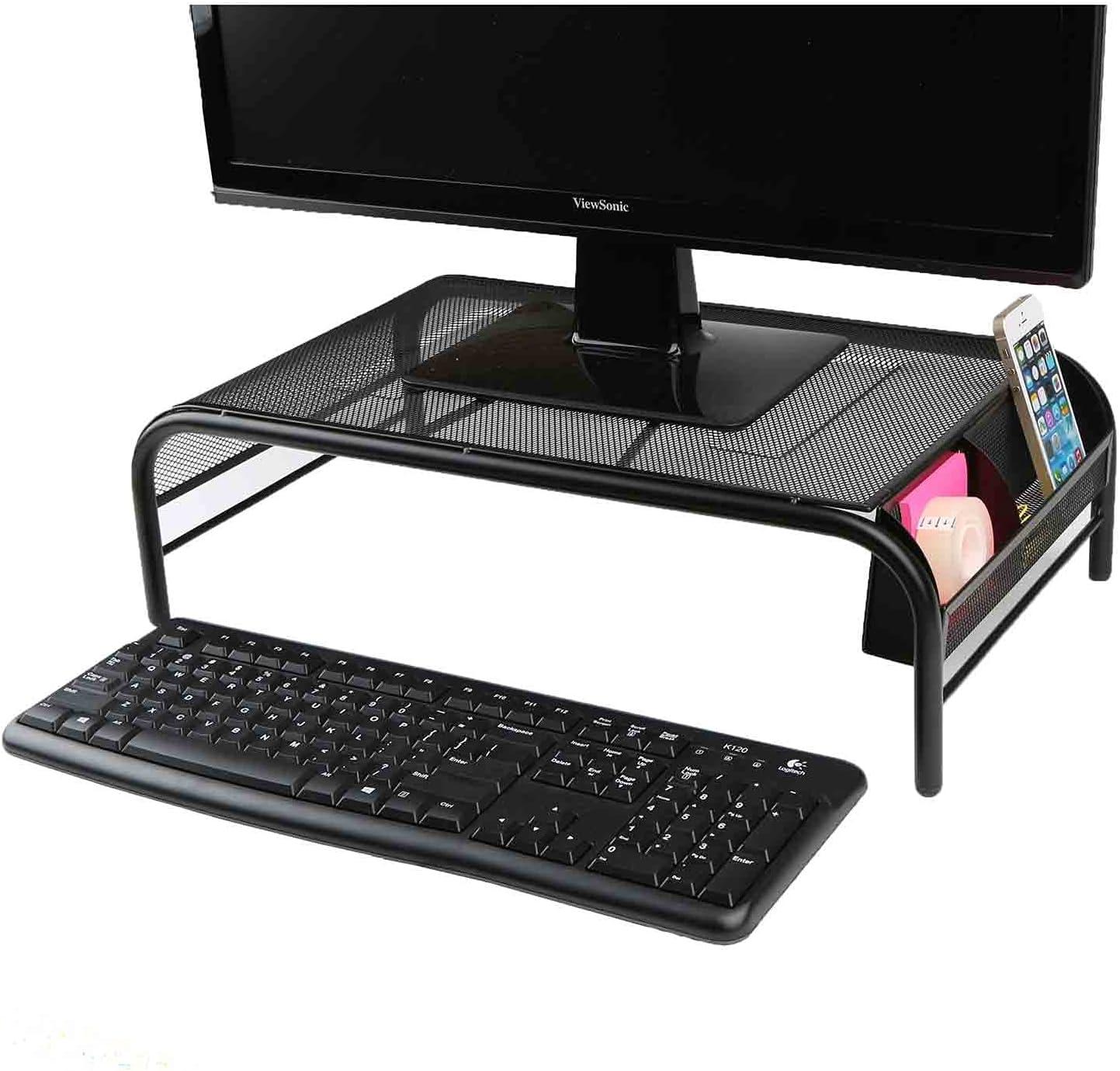 Mind Reader Monitor Stand, Ventilated Laptop Riser, Desktop Organizer, Side Storage, Metal Mesh, 20"L x 11.5"W x 5.5"H, Black