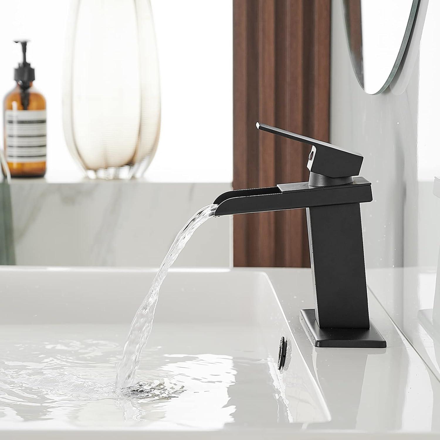 BWE Black Bathroom Faucet Waterfall Single Handle Bathroom Faucet One Hole Bathroom Sink Faucet with Supply Line Lavatory Vanity Mixer Tap Deck Mounted Matte Black