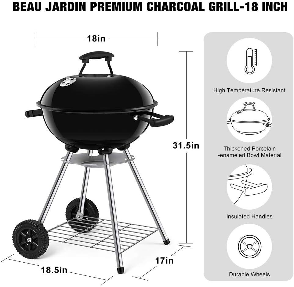 BEAU JARDIN Charcoal Grill 18.2 Inch for Outdoor Cooking BBQ Barbecue Coal Kettle Bowl Grill Portable Heavy Duty Round with Wheels Grilling for Tailgating Patio Backyard Camping Black BG4691