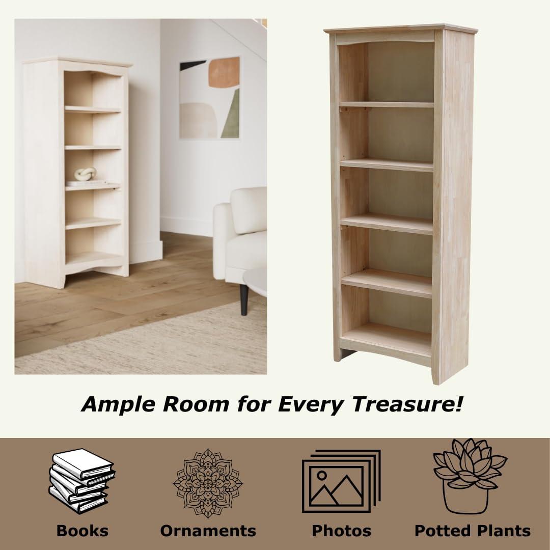 60"x24" Shaker Bookcase Unfinished - International Concepts: 5-Tier, Rubberwood, Enclosed Back, Adjustable Shelves